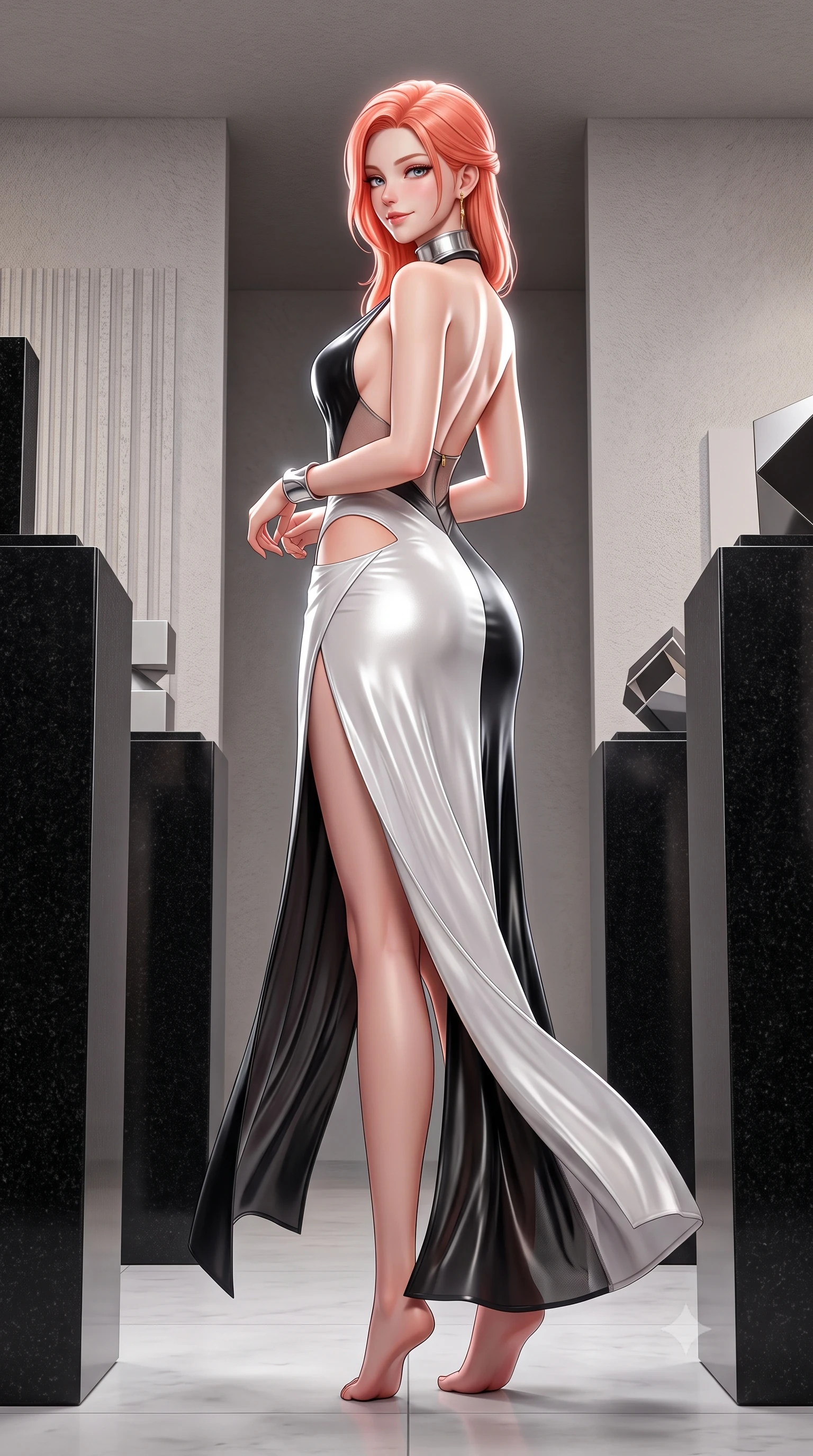 score_9, masterpiece, best quality, ultra-detailed, high-budget anime keyframe, semi-realistic 3D game render, editorial fashion photography, tasteful artistic composition, Japanese woman. low angle full-body shot from head to toe showing her feet, filling the entire 9:16 vertical frame with her statuesque presence, stretching her vertical silhouette. executing a slow, graceful pivot turn as her skirt sways around her slender legs, glancing back with an enchanting, teasing sensual expression while standing tall between towering black granite pedestals, arching her back with sovereign minimalist fashion authority. The surrounding environment is rendered in vivid detail and crisp panoramic clarity: detailed sheer illusion mesh gown inserts, gold jewelry glints, and contemporary exhibition space design in razor-sharp precision. She has an absolutely perfect, statuesque 8.5-heads proportion, an exceptionally tall and slender model-like female figure with impossibly long slender legs, an ultra-slim waist, a flat toned midriff, narrow delicate ribcage, and beautifully sculpted feminine hips creating a graceful, slim hourglass silhouette without any bulky heaviness. sharp v-shaped jawline, high-bridge nose, sparkling eyes with hypnotic seductive depth, thick curled eyelashes, glossy parted lips with a natural dewy peach sheen, alluring bedroom-eyes with an enchanting coquettish smile, exuding magnetic siren charisma and sophisticated glamour, flawlessly proportioned anatomical accuracy, strict slender model proportions, natural body alignment, perfectly sculpted long slender limbs, ultra-slim waistline, clean dynamic posture without body distortion. wearing a liquid metallic lamé plunge halterneck jumpsuit clinging like a second skin with high-cut side hip cutouts in high-contrast minimalist monochrome black and pure alabaster white, crafted from fluid liquid silk satin that clings smoothly to every curve with a dewy sheen, finished with a sculptural silver torque collar and a matching wide architectural wrist cuff, the high-slit wrap tailoring accentuating her ultra-slim waistline and the enchanting curve of her feminine hips with alluring seductive charm. illuminated by floor bounce fill and sharp high-contrast white rim lights sculpting her jawline, flat midriff, and voluptuous hip curves. highly saturated vibrant anime colors, detailed shading with soft gradients, rich glossy textures, high-contrast stereoscopic depth, volumetric dynamic lighting, master piece, 9:16 ratio