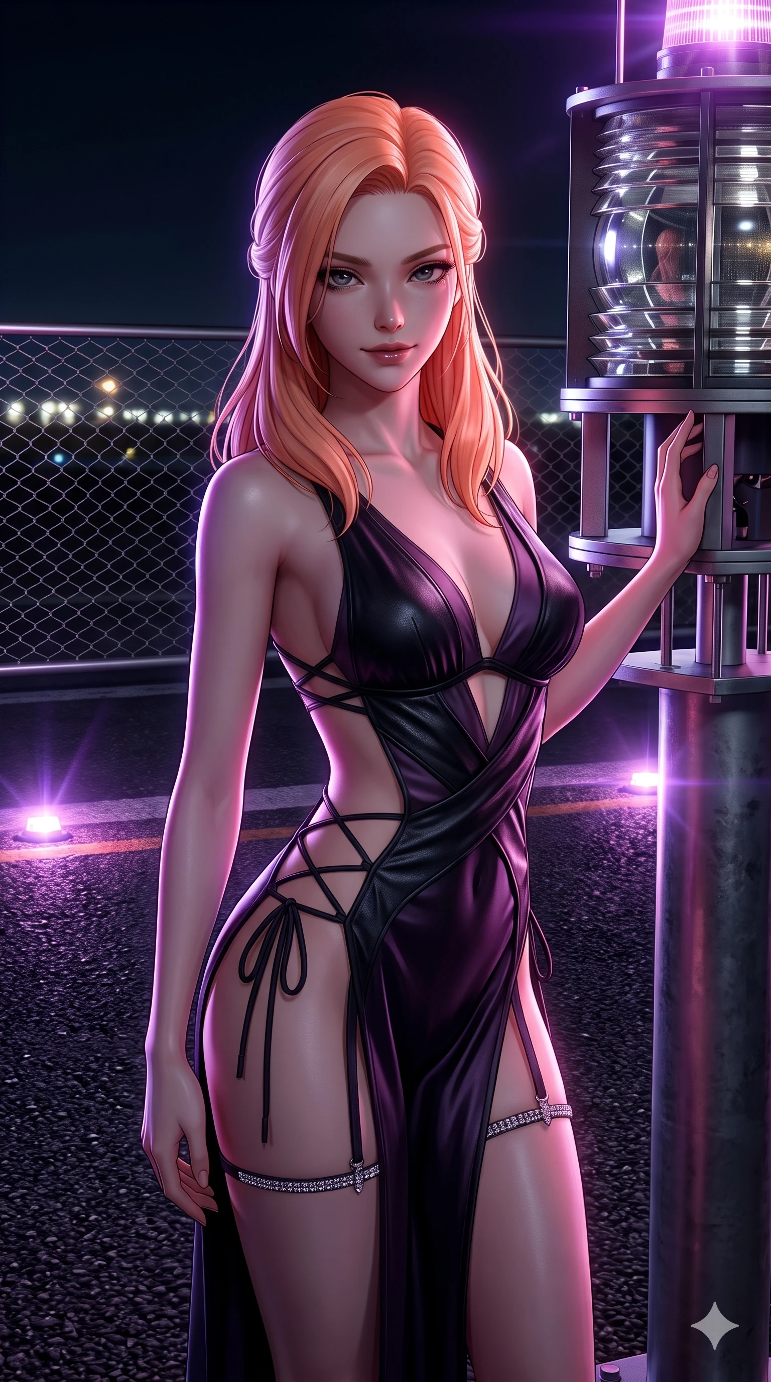 score_9, masterpiece, best quality, ultra-detailed, high-budget anime keyframe, semi-realistic 3D game render, editorial fashion photography, tasteful artistic composition, Japanese woman. close-up cowboy shot from the waist and thighs up, the character dominates the composition, filling the frame with her large presence. smiling with quiet, magnetic self-assurance directly into the camera with heavy-lidded sparkling eyes while twisting her slender torso in an alluring S-curve beside the perimeter beacon mast, flashing violet strobe flashes contouring her waist and hips. The surrounding environment is rendered in vivid detail and crisp panoramic clarity: sharp aeronautical tarmac aggregate, stainless steel perimeter safety net weave, and aviation beacon lens facets in deep focus. She has an exceptionally elegant, slender, and willowy female figure with an ultra-slim waist, flat toned midriff, narrow ribcage, and sculpted feminine hips creating an alluring, slim hourglass silhouette without bulk. sharp v-shaped jawline, high-bridge nose, intricate jewel-like dark sparkling eyes with hypnotic seductive depth, thick curled eyelashes, glossy parted lips with a natural wine sheen, alluring bedroom-eyes with an enigmatic smoldering smile, exuding magnetic sovereign charisma and dark avant-garde glamour, flawlessly proportioned anatomical accuracy, strict slender model proportions, natural body alignment, perfectly sculpted long slender limbs, ultra-slim waistline, clean dynamic posture without body distortion. wearing a low-slung cutaway leather bodysuit with bare hip flanks and criss-cross cord ties in obsidian black and dark plum violet, tailored from soft dark satin with subtle light-absorbing depth, finished with delicate crystal-encrusted thigh garter straps glinting in the laser glare, the high-slit wrap tailoring accentuating her ultra-slim waistline and the enchanting curve of her feminine hips with alluring seductive charm. illuminated by tarmac ground bounce and sharp ultraviolet-rose rim lights sculpting her razor-sharp jawline, narrow waist, and curvy hips. highly saturated vibrant anime colors, detailed shading with soft gradients, rich glossy textures, high-contrast stereoscopic depth, volumetric dynamic lighting, master piece, 9:16 ratio