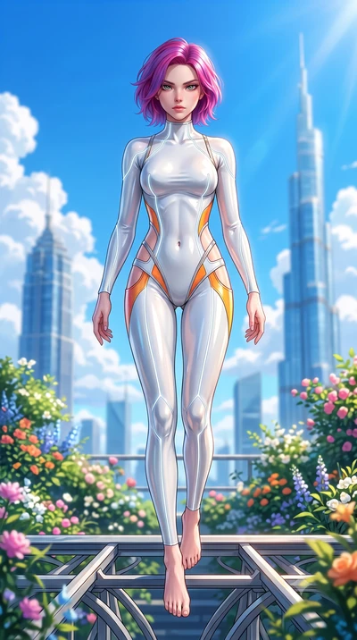 score_9, masterpiece, best quality, ultra-detailed, high-budget anime keyframe, semi-realistic 3D game render, editorial fashion photography, tasteful artistic composition, Caucasian woman. low angle full-body shot from head to toe showing her feet, 
