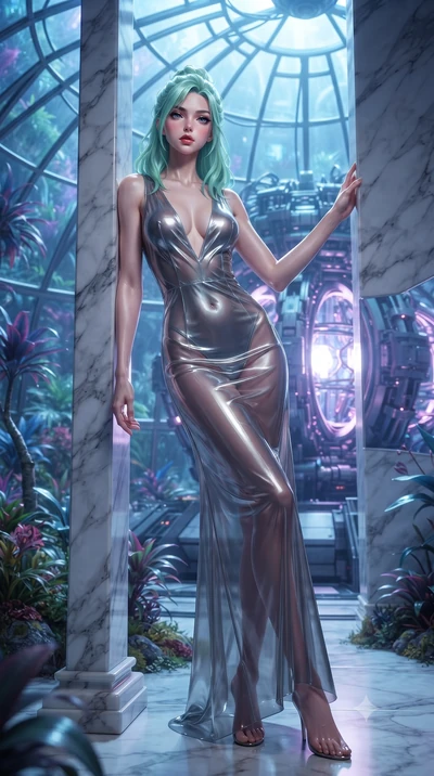 score_9, masterpiece, best quality, ultra-detailed, High-budget Anime Keyframe, editorial fashion photography, tasteful artistic composition, realistic cosplay photography, East Asian woman. Dynamic full-body shot stretching the vertical silhouette t