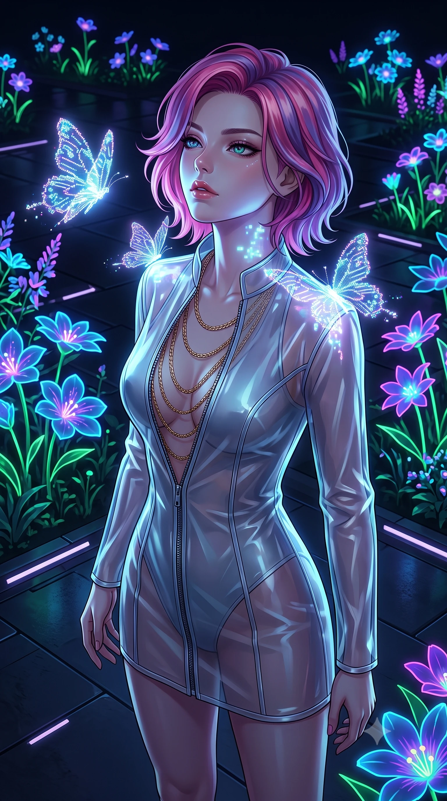 score_9, masterpiece, best quality, ultra-detailed, High-budget Anime Keyframe, Caucasian woman, strictly human ears. Low angle cowboy shot filling the entire 9:16 frame with her statuesque presence. Scenario 399: watching digital butterflies land on her shoulders in a virtual garden where neon flowers bloom in the dark. Her presence is magnetic and overpowering in this high-budget anime scene. Outfit 399: a tailored translucent PVC sheer with a unzipped detail and fine gold chains. The clothing is designed to emphasize her exceptionally tall and slender 8-heads proportion. 8-heads proportion, towering silhouette, ultra-slim waist. sharp v-shaped jawline, intricate jewel-like eyes with depth, thick eyelashes, glossy lips. 2k, ultra detail, master piece, 9:16 ratio