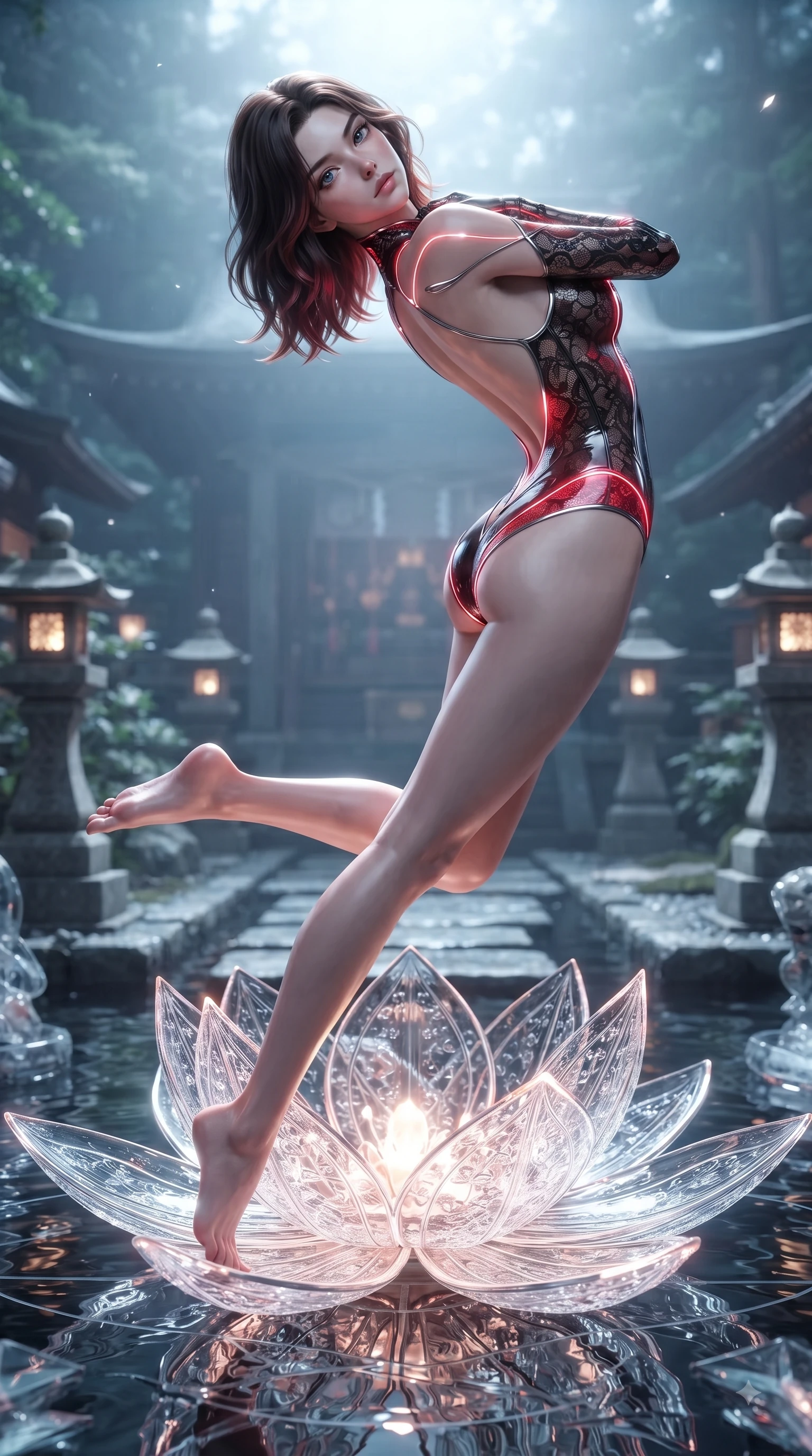 score_9, masterpiece, best quality, ultra-detailed, high-budget anime keyframe, editorial fashion photography, tasteful artistic composition, Korean woman. low angle full-body shot from head to toe showing her feet, filling the entire 9:16 vertical frame with her statuesque presence, stretching her vertical silhouette. arching her back in a fluid zero-gravity turn with sovereign grace, her long slender legs and sculpted torso creating a sweeping line while stretching forward with an alluring arch of her spine on an illuminated glass lotus petal. The surrounding environment is rendered in vivid detail and crisp panoramic clarity. sharp temple pond reflections, stone shrine lanterns, and geometric glass carvings in high resolution. She has an absolutely perfect, statuesque 8.5-heads proportion, an exceptionally tall and slender model-like female figure with impossibly long slender legs and an ultra-slim waist. sharp v-shaped jawline, high-bridge nose, intricate jewel-like eyes with depth, thick eyelashes, glossy lips with a natural sheen, flawlessly proportioned anatomical accuracy, natural body alignment, perfectly sculpted elegant limbs, clean dynamic posture without body distortion. wearing a liquid chrome micro-bodysuit sculpted tightly to her figure, featuring razor-thin metallic straps and an open back in glossy obsidian black and radiant crimson red, crafted from delicate dark lace interwoven with luminescent micro-fibers, accented with glowing fiber-optic seams tracing her collarbones and hip curves, the glove-like fit tightly following every curve of her statuesque athletic build. surrounded by an ethereal, sacred, and intensely seductive temple ambiance. ultra-reflective glossy finish, specular highlights, metallic sheen, high-contrast stereoscopic depth, volumetric dynamic lighting, 2k, ultra detail, master piece, 9:16 ratio