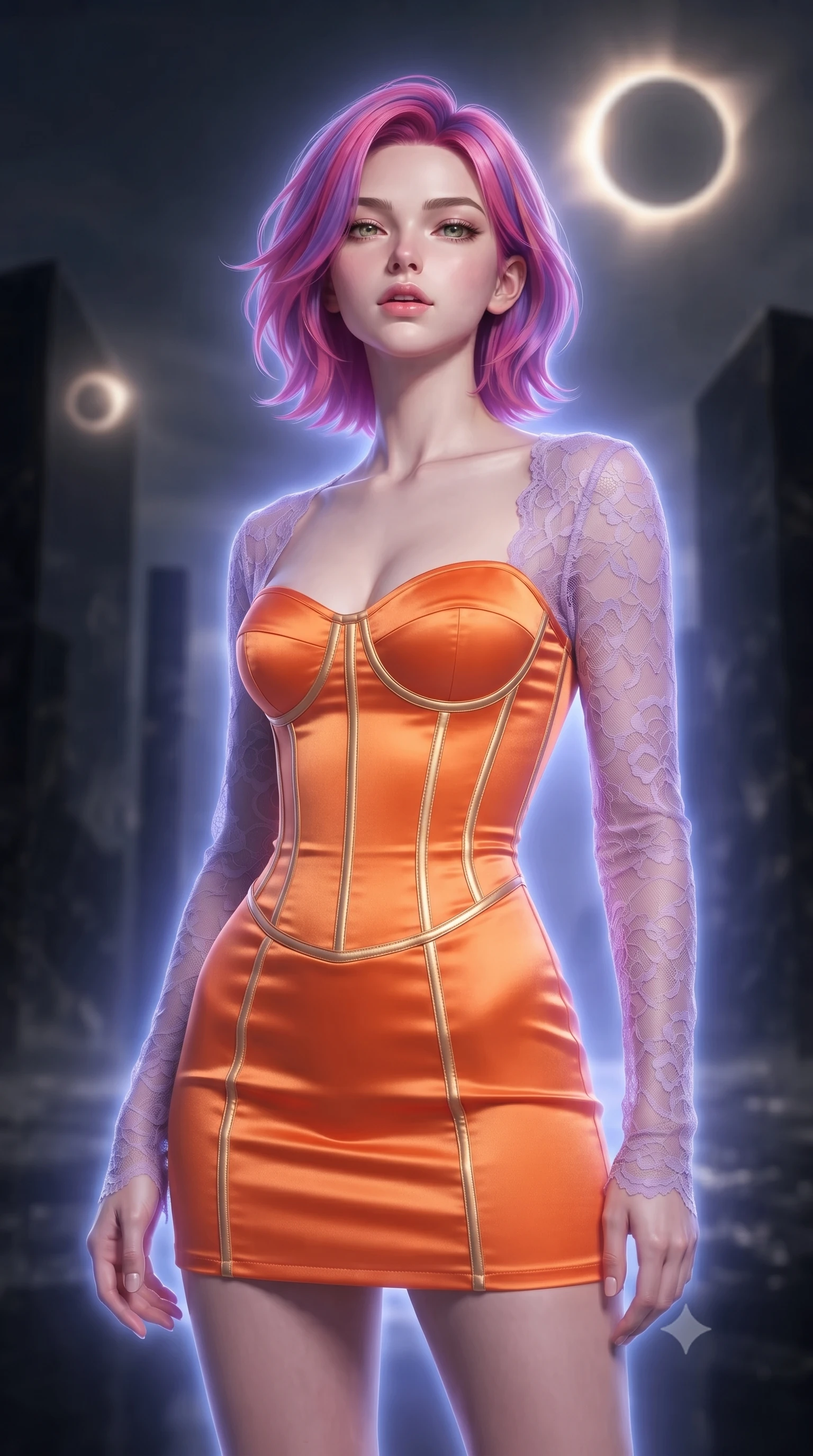 score_9, masterpiece, best quality, ultra-detailed, high-budget anime keyframe, editorial fashion photography, tasteful artistic composition, Caucasian woman, strictly human ears. close-up cowboy shot from the waist and thighs up, the character dominates the composition, filling the frame with her large presence, background elements kept in soft focus. Tilting her chin up slightly with lips parted in a composed expression. set against a soft-focus background of an ancient obsidian mirror temple during a total solar eclipse with the sun's corona forming a ring of sacred fire in the darkened sky every polished obsidian surface reflecting the eclipsed sun in duplicate. She has an exceptionally elegant and slender, willowy female figure with an ultra-slim waist, a gracefully sculpted slender torso, and a refined slim physique. sharp v-shaped jawline, high-bridge nose, intricate jewel-like eyes with depth, thick eyelashes, glossy lips with a natural sheen. wearing a corset mini dress in bright tangerine satin, featuring visible gold bone structure and attached sheer lilac lace sleeves. cool ethereal blue-violet bioluminescent glow wrapping around her from all sides. 2k, ultra detail, master piece, 9:16 ratio