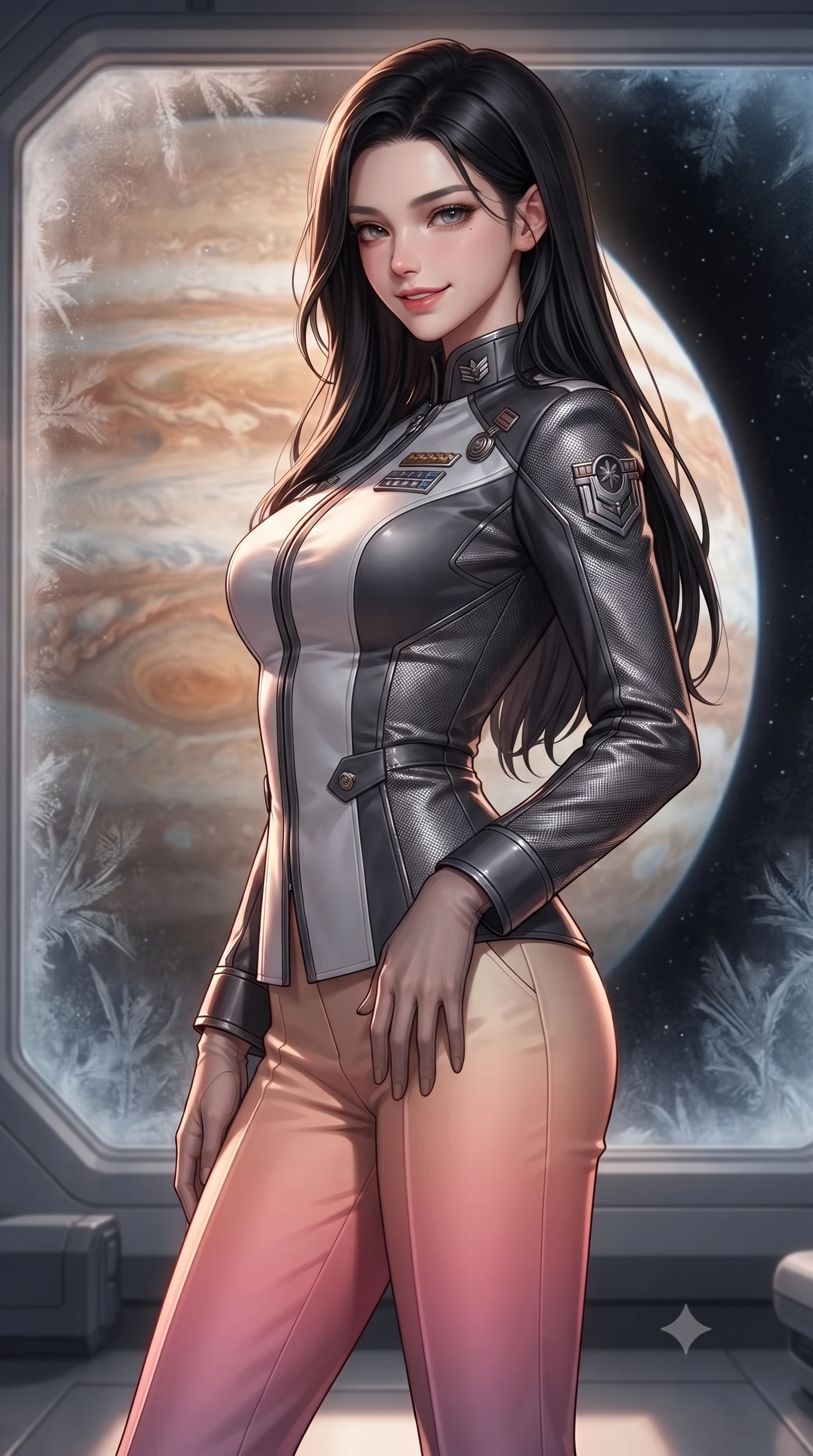score_9, masterpiece, best quality, ultra-detailed, high-budget anime keyframe, editorial fashion photography, tasteful artistic composition, Korean woman. close-up cowboy shot from the waist and thighs up, the character dominates the composition, filling the frame with her large presence. tilting her head with a teasing half-smile, running one hand slowly down the side of her hip in a flirtatious S-curve as ambient light caresses her silhouette while twisting her slender torso in an alluring contrapposto stance, rich amber and cream Jupiter-light painting dynamic highlights across her narrow waist and curvy hips. The background shows a soft-focus cryo-frost haze softened in Jupiter-facing surface outpost shallow focus. She has an exceptionally elegant, slender, and willowy female figure with an ultra-slim waist, flat toned midriff, narrow ribcage, and sculpted feminine hips creating an alluring, slim hourglass silhouette without bulk. sharp v-shaped jawline, high-bridge nose, intricate jewel-like sparkling eyes with depth, thick eyelashes, glossy parted lips with a natural peach sheen, bright cheerful beaming smile with an enchanting and coquettish sensual glint, exuding both youthful cute charm and seductive allure, flawlessly proportioned anatomical accuracy, strict slender model proportions, natural body alignment, perfectly sculpted long slender limbs, ultra-slim waistline, clean dynamic posture without body distortion. wearing a tailored orbital colony command uniform in dark grey and white paneling with rank insignia pins and tailored straight-leg trousers in Solaris liquid rose-quartz and alien peach, tailored from high-density tech-wool with subtle metallic thread weave, complemented by sheer opera-length evening gloves tracing her slender arms, the impeccably tailored cut draping gracefully along her slender figure with aristocratic poise. bathed in the warm radiant 3000K glow of reflected Jupiter-light contrasted with the pitch-black starfield. ultra-reflective glossy finish, specular highlights, rich textural contrasts, high-contrast stereoscopic depth, volumetric dynamic lighting, 2k, ultra detail, master piece, 9:16 ratio