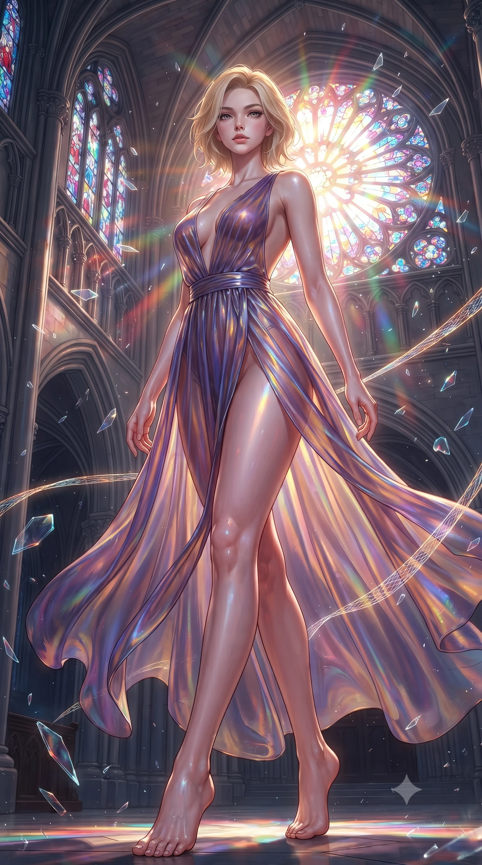 score_9, masterpiece, best quality, ultra-detailed, high-budget anime keyframe, editorial fashion photography, tasteful artistic composition, Caucasian woman. low angle full-body shot from head to toe showing her feet, filling the entire 9:16 vertical frame with her statuesque presence, stretching her vertical silhouette. navigating the luminous space with effortless poise, displaying her perfect model proportions guiding glowing choir light threads weaving through majestic vaulted arches, shattered glass shards catching bright specular highlights in mid-air. She has an absolutely perfect, statuesque 8.5-heads proportion, an exceptionally tall and slender model-like female figure with impossibly long slender legs and an ultra-slim waist. sharp v-shaped jawline, high-bridge nose, intricate jewel-like eyes with depth, thick eyelashes, glossy lips with a natural sheen. wearing a translucent iridescent chiffon gown with a dramatic plunging neckline and open back, the form-contouring material highlighting her ultra-slim waist and long lines. lit by bright sunbursts creating vivid, saturated color projections. ultra-reflective glossy finish, specular highlights, metallic sheen, high-contrast stereoscopic depth, volumetric dynamic lighting, 2k, ultra detail, master piece, 9:16 ratio