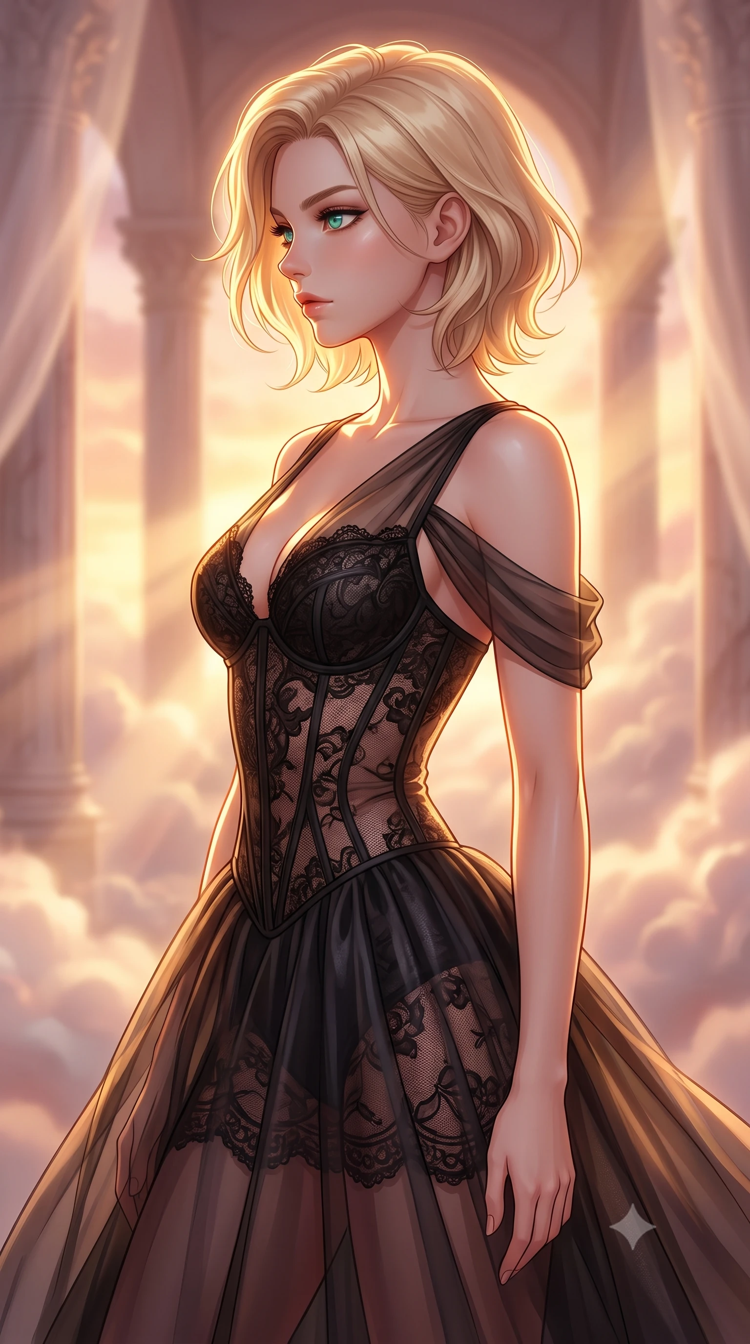 score_9, masterpiece, best quality, ultra-detailed, high-budget anime keyframe, editorial fashion photography, tasteful artistic composition, Caucasian woman woman. close-up cowboy shot from the waist and thighs up, the character dominates the composition, filling the frame with her large presence, background elements kept in soft focus. She has an exceptionally elegant, slender, and willowy female figure with an ultra-slim waist, a gracefully sculpted slender torso, and a refined silhouette. turning her head in a sharp dramatic profile against the key light, her eyes glowing with calm focus, flawlessly proportioned anatomical accuracy, natural body alignment, perfectly sculpted elegant limbs, clean dynamic posture without body distortion. set against a soft-focus background of a rose-gold floating cloud sanctuary with marble colonnades. wearing a fine black lace corset dress with sheer organza drapes revealing a sculpted waistline. bathed in warm sunset sunbeams slicing through misty cloud drapes with a golden rim light. highly saturated vibrant anime colors, detailed shading with soft gradients, rich glossy textures, high-contrast stereoscopic depth, volumetric dynamic lighting, master piece, 9:16 ratio