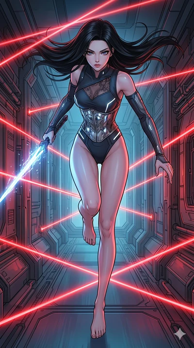 score_9, masterpiece, best quality, ultra-detailed, high-budget anime movie keyframe, cinematic anime lighting, intricate line art, Japanese woman. Extreme high angle shot as she leaps towards the camera, filling the frame. lunging forward with a shi