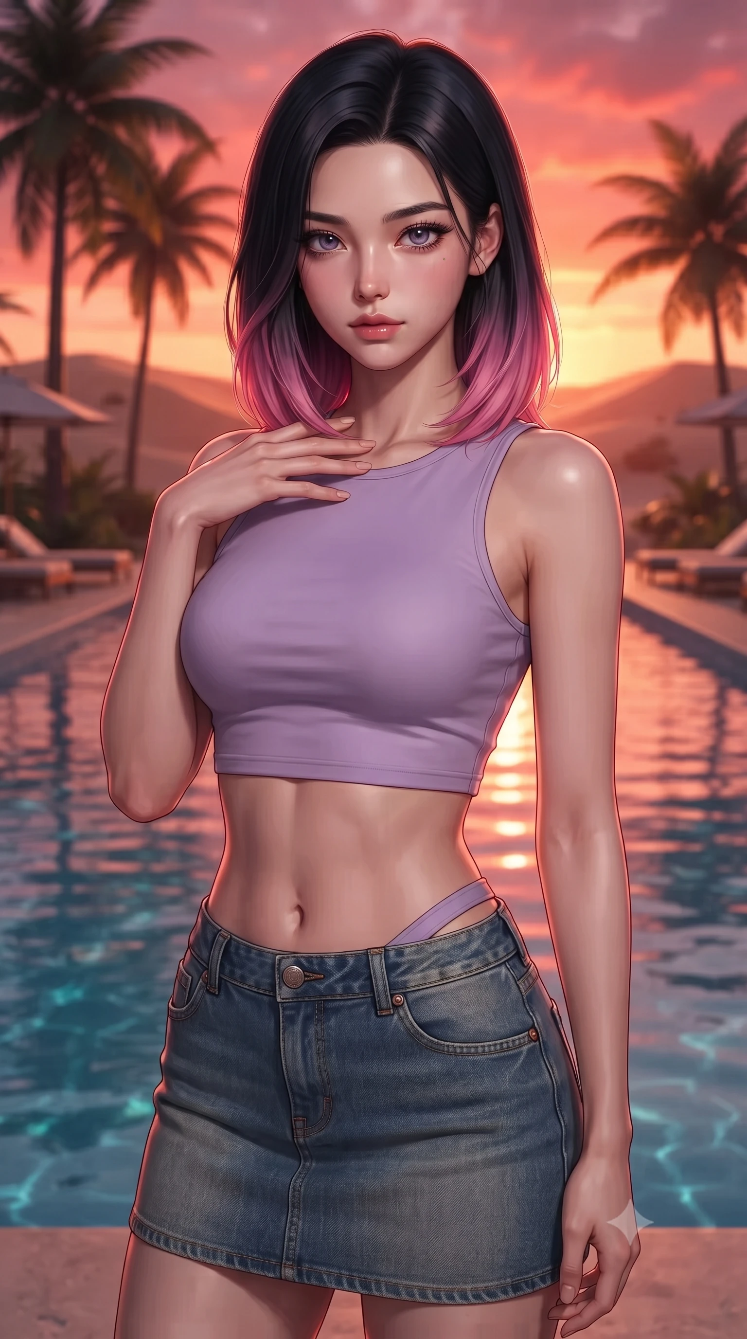 score_9, masterpiece, best quality, ultra-detailed, high-budget anime keyframe, editorial fashion photography, tasteful artistic composition, Korean woman woman. close-up cowboy shot from the waist and thighs up, the character dominates the composition, filling the frame with her large presence, background elements kept in soft focus. standing with one hand resting on her collarbone, looking at the viewer with bedroom-eyes the background shows a soft-focus a resort pool surrounded by tall palms and sand dunes at sunset. She has an exceptionally elegant, slender, and willowy female figure with an ultra-slim waist, a gracefully sculpted slender torso, and a refined silhouette. sharp v-shaped jawline, high-bridge nose, intricate jewel-like eyes with depth, thick eyelashes, glossy lips with a natural sheen. wearing a body-hugging modern crop top in lavender cotton paired with a low-rise denim skirt and a subtle waist cut-out. the warm red and orange sunset sky casting a dramatic glow over the pool. ultra-reflective glossy finish, specular highlights, metallic sheen, high-contrast stereoscopic depth, volumetric dynamic lighting, 2k, ultra detail, master piece, 9:16 ratio