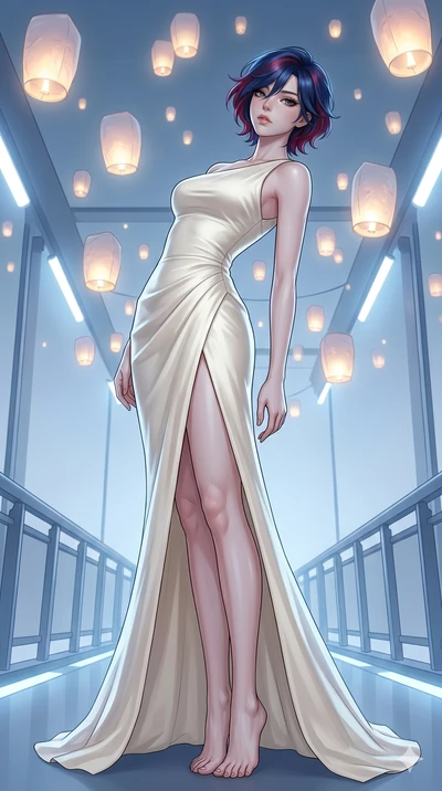 score_9, masterpiece, best quality, ultra-detailed, high-budget anime keyframe, editorial fashion photography, tasteful artistic composition, Korean woman. low angle full-body shot from head to toe showing her feet, filling the entire 9:16 vertical f