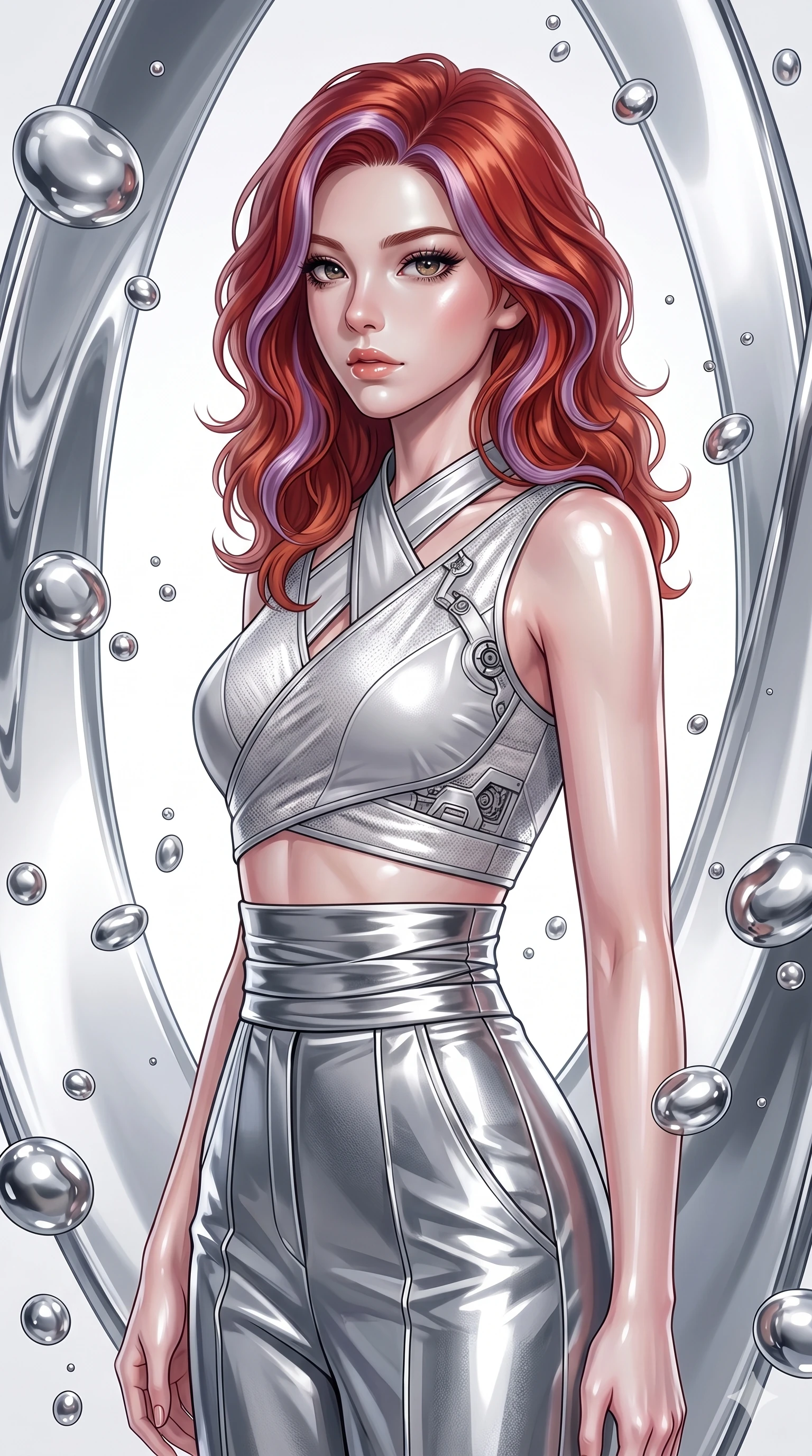 score_9, masterpiece, best quality, ultra-detailed, high-budget anime keyframe, editorial fashion photography, tasteful artistic composition, Caucasian woman, strictly human ears. Upper body close-up from the thighs up, character filling the screen for maximum presence. She is surrounded by floating mercury droplets and curved abstract mirrors that warp space. She strikes a striking fashion pose, looking over her shoulder with glossy, natural lips. She has an absolutely perfect 8-heads proportion, a tall and elegant figure with a refined silhouette and a defined waistline. V-shaped jawline, high-bridge nose, intricate jewel-like eyes with depth, thick eyelashes, glossy lips with a natural sheen. She is wearing a cropped cyber-fusion wrap top with delicate textured panels, a geometric crossover collar, and a high-waisted metallic sash highlighting her defined waistline. The scene is bathed in highly reflective silver highlights and a stark white side studio light. 2k, ultra detail, master piece, 9:16 ratio