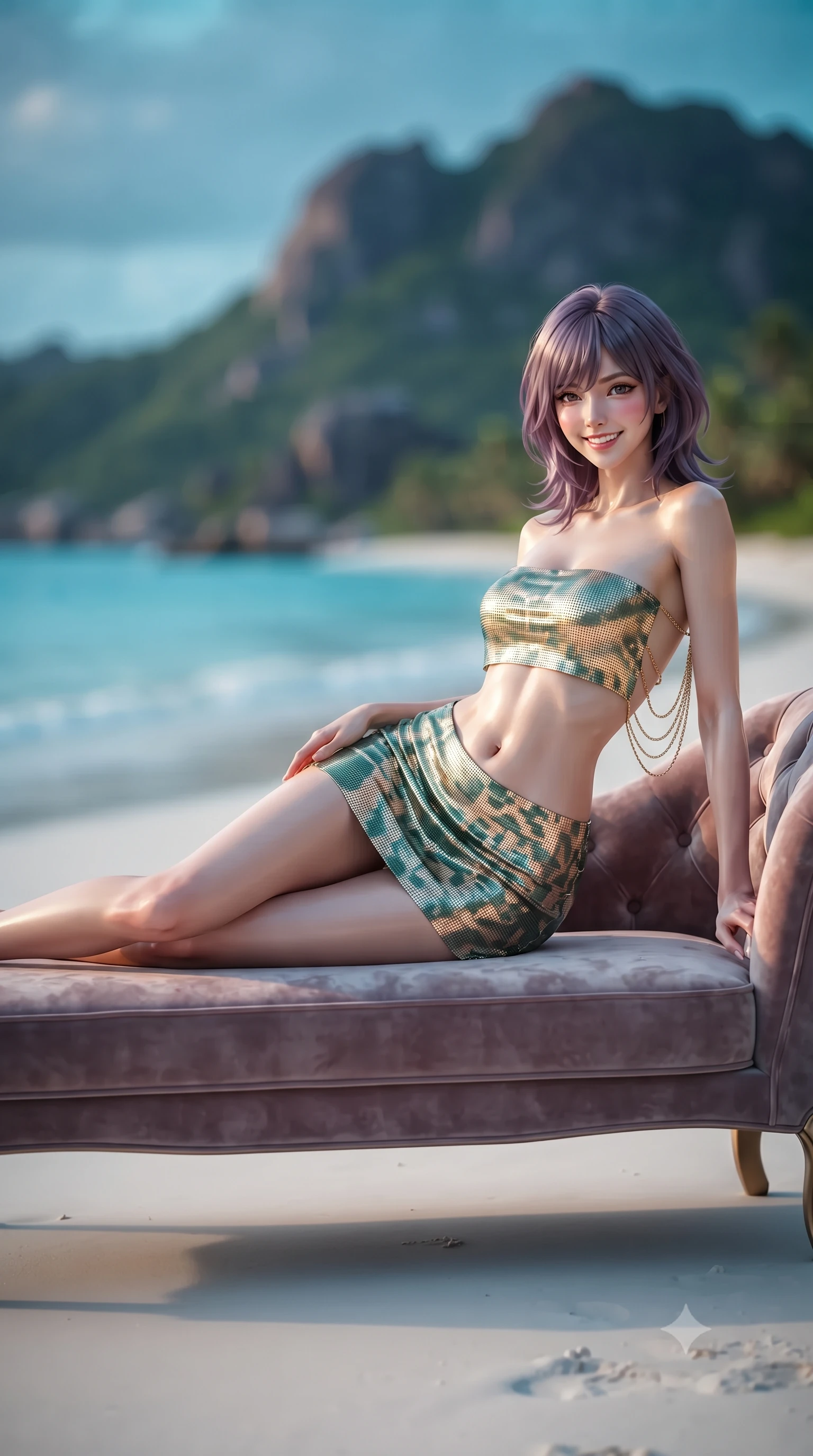 score_9, masterpiece, best quality, ultra-detailed, high-budget anime keyframe, editorial fashion photography, tasteful artistic composition, Japanese woman. low angle full-body shot from head to toe showing her feet, filling the entire 9:16 vertical frame with her statuesque presence, stretching her vertical silhouette. reclining gracefully across the plush chaise lounge with one leg extended, her sculpted silhouette and flat midriff radiating magnetic nocturnal glamour while twisting her slender torso in an alluring contrapposto stance on the shoreline, low midnight sunbeams tracing her flat midriff and curves. The background shows a soft-focus white sandy beach curve, Caribbean-clear turquoise water of the Norwegian Sea, and towering granite mountains of Veggen blurred into cyan, emerald, and gold bokeh. She has an exceptionally tall and slender model-like 8.5-heads proportion, an ultra-slim waist, a flat toned midriff, narrow delicate ribcage, and beautifully sculpted feminine hips creating a graceful, slim hourglass silhouette without any bulky heaviness, with impossibly long slender legs. sharp v-shaped jawline, high-bridge nose, intricate jewel-like sparkling eyes with depth, thick eyelashes, glossy parted lips with a natural peach sheen, bright cheerful beaming smile with an enchanting and coquettish sensual glint, exuding both youthful cute charm and seductive allure, flawlessly proportioned anatomical accuracy, strict slender model proportions, natural body alignment, perfectly sculpted long slender limbs, ultra-slim waistline, clean dynamic posture without body distortion. wearing an ultra-cropped fitted bandeau top paired with a micro mini tennis skirt revealing her flat toned midriff in Tulum jungle agave sage and copal resin gold, crafted from stretch micro-mesh with liquid foil coating that shimmers with every movement, accented with an open-back drape framed by falling strands of delicate gold chains, the impeccably tailored cut draping gracefully along her slender figure with aristocratic poise. illuminated by wet sand reflection sheen and sharp platinum-gold rim lights sculpting her jawline, narrow waist, and curvy hips. ultra-reflective glossy finish, specular highlights, rich textural contrasts, high-contrast stereoscopic depth, volumetric dynamic lighting, 2k, ultra detail, master piece, 9:16 ratio
