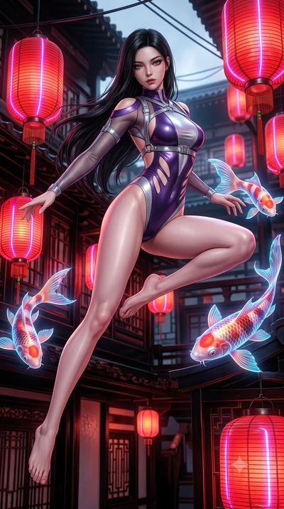 score_9, masterpiece, best quality, ultra-detailed, high-budget anime keyframe, semi-realistic 3D game render, editorial fashion photography, tasteful artistic composition, Korean woman. low angle full-body shot from head to toe showing her feet, fil