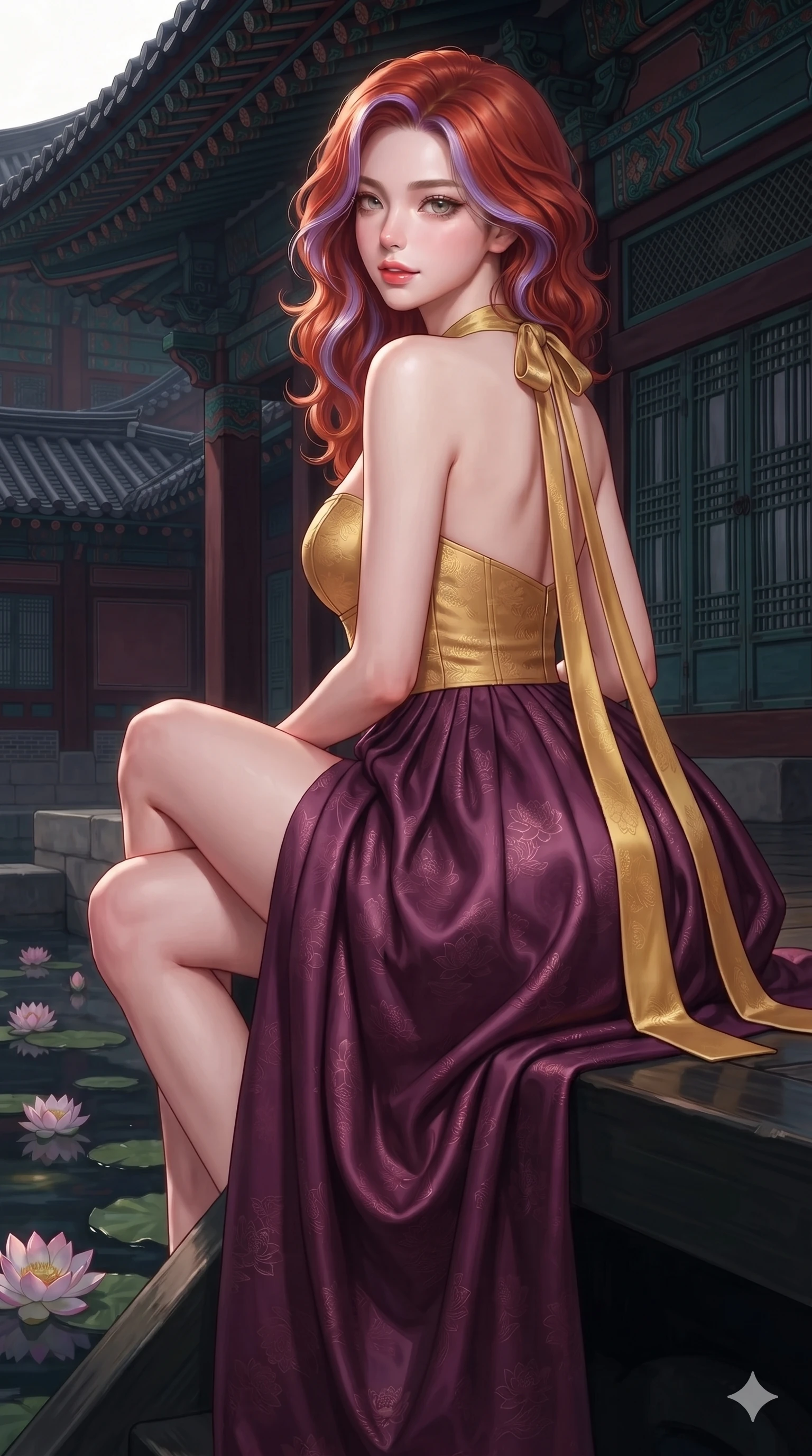 score_9, masterpiece, best quality, ultra-detailed, high-budget anime keyframe, editorial fashion photography, tasteful artistic composition, Caucasian woman. close-up cowboy shot from the waist and thighs up, the character dominates the composition, filling the frame with her large presence. posing in an alluring rear three-quarter angle, looking over a bare shoulder with parted glossy lips, her hips cocked back to highlight her slim hourglass curve while sitting perched on the lacquered veranda steps with legs crossed, arching her lower back with breathtaking siren grace as lotus blossoms drift below. The surrounding environment is rendered in vivid detail and crisp panoramic clarity: detailed fusion hanbok bustier tailoring, micro-pleated skirt drape, and palace architecture in razor-sharp clarity. She has an exceptionally elegant, slender, and willowy female figure with an ultra-slim waist, flat toned midriff, narrow ribcage, and sculpted feminine hips creating an alluring, slim hourglass silhouette without bulk. sharp v-shaped jawline, high-bridge nose, sparkling eyes with hypnotic seductive depth, thick curled eyelashes, glossy parted lips with a natural dewy peach sheen, alluring bedroom-eyes with an enchanting coquettish smile, exuding magnetic siren charisma and sophisticated glamour, flawlessly proportioned anatomical accuracy, strict slender model proportions, natural body alignment, perfectly sculpted long slender limbs, ultra-slim waistline, clean dynamic posture without body distortion. wearing an elegant long-sleeve embroidered silk chima gown with a structured jeogori bodice and graceful pleated drape in imperial gold and royal plum purple, tailored from rich silk jacquard with subtle embossed lotus blossom patterns, finished with long silk ribbon ties fluttering down her bare spine from a backless halter, the impeccably tailored cut draping gracefully along her slender figure with aristocratic eastern poise. illuminated by dark water reflection bounce and sharp silver-rose rim lights defining her razor-sharp jawline, narrow waist, and curvy hips. ultra-reflective glossy finish, specular highlights, rich textural contrasts, high-contrast stereoscopic depth, volumetric dynamic lighting, 2k, ultra detail, master piece, 9:16 ratio