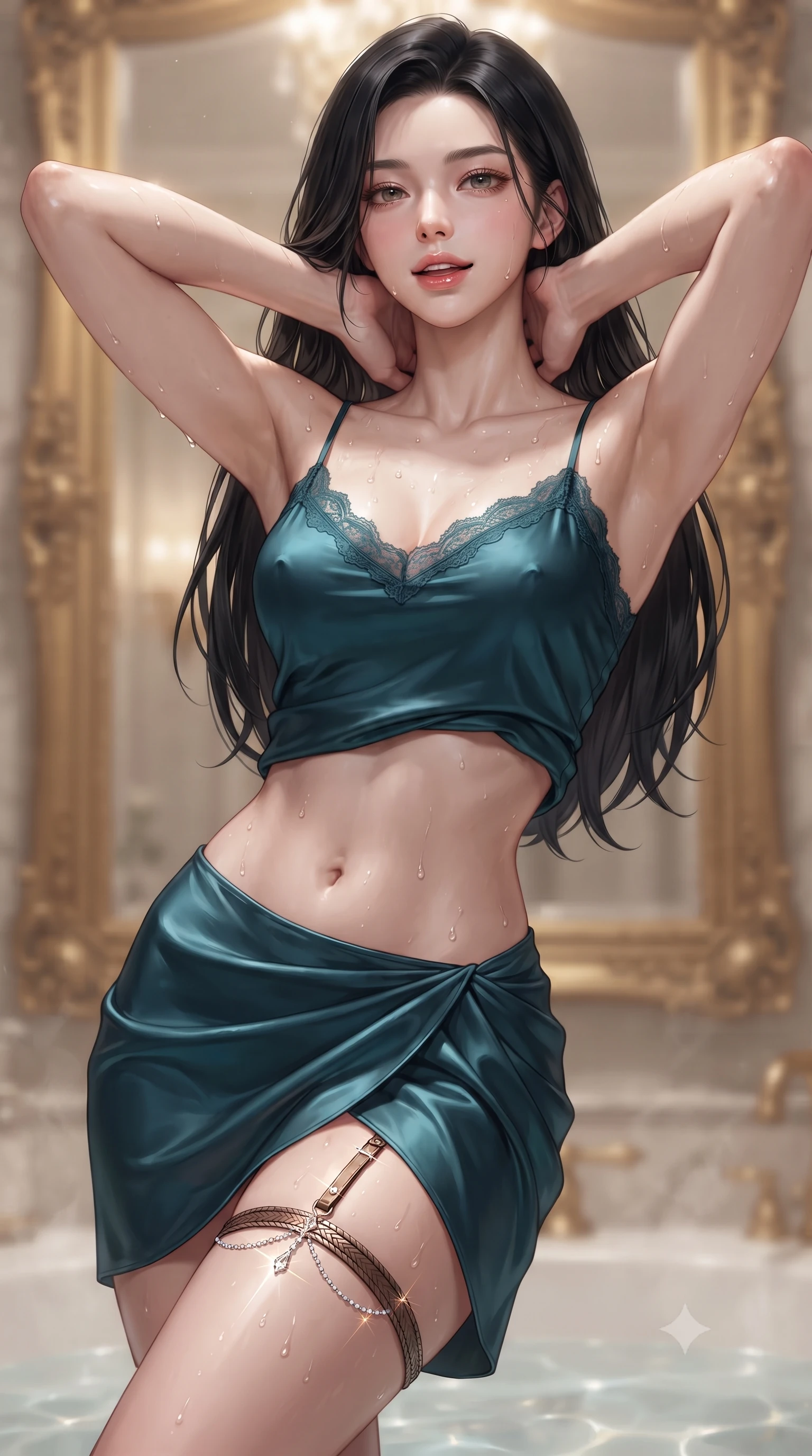 score_9, masterpiece, best quality, ultra-detailed, high-budget anime keyframe, editorial fashion photography, tasteful artistic composition, Korean woman. close-up cowboy shot from the waist and thighs up, the character dominates the composition, filling the frame with her large presence. resting both hands lightly behind her neck with elbows raised, arching her spine to highlight her narrow waist, flat midriff, and breathtaking collarbones while twisting her slender torso in an alluring S-curve, aromatic steam droplets beading across her sculpted bare shoulders and flat midriff. The background shows a soft-focus gilded French baroque mirror frames softened in ultra-luxury private bath shallow focus. She has an exceptionally elegant, slender, and willowy female figure with an ultra-slim waist, flat toned midriff, narrow ribcage, and sculpted feminine hips creating an alluring, slim hourglass silhouette without bulk. sharp v-shaped jawline, high-bridge nose, sparkling eyes with hypnotic seductive depth, thick curled eyelashes, glossy parted lips with a natural dewy peach sheen, alluring bedroom-eyes with an enchanting coquettish smile, exuding magnetic siren charisma and sophisticated glamour, flawlessly proportioned anatomical accuracy, strict slender model proportions, natural body alignment, perfectly sculpted long slender limbs, ultra-slim waistline, clean dynamic posture without body distortion. wearing a delicate lace-trimmed silk camisole paired with a draped satin wrap sarong mini skirt with high side slit in deep peacock teal and burnished antique brass, woven from buttery-soft stretch lambskin leather adhering to her body like a second skin, finished with delicate crystal-encrusted thigh garter straps glinting in the dim light, the glove-like clinging cut tightly following the natural contour of her hips and long slender legs with youthful 8.5-heads elegance. illuminated by bathwater reflection caustics and sharp warm-gold rim lights defining her razor-sharp jawline, narrow waist, and curvy hips. ultra-reflective glossy finish, specular highlights, rich textural contrasts, high-contrast stereoscopic depth, volumetric dynamic lighting, 2k, ultra detail, master piece, 9:16 ratio