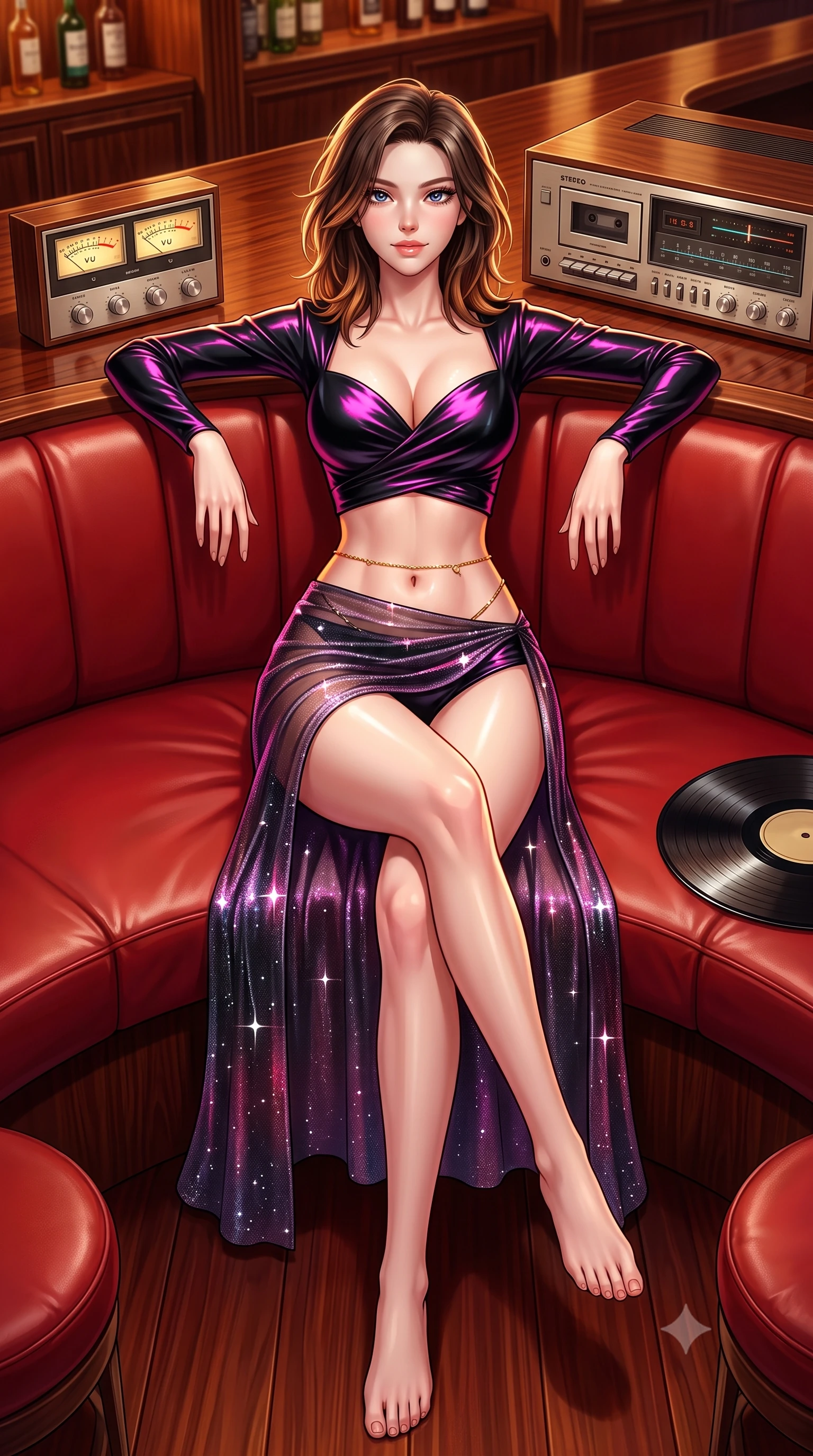 score_9, masterpiece, best quality, ultra-detailed, high-budget anime keyframe, semi-realistic 3D game render, editorial fashion photography, tasteful artistic composition, Korean woman. low angle full-body shot from head to toe showing her feet, filling the entire 9:16 vertical frame with her statuesque presence, stretching her vertical silhouette. lounging on the lavish daybed with legs crossed and hips angled toward the camera, displaying her toned midriff and long slender limbs with effortless siren poise while lounging across a circular red leather booth with legs crossed, arching her lower back with seductive retro lounge elegance. The surrounding environment is rendered in vivid detail and crisp panoramic clarity: sharp vinyl record groove sheen, analog stereo VU meter needle clarity, and polished mahogany bar grain in deep focus. She has an absolutely perfect, statuesque 8.5-heads proportion, an exceptionally tall and slender model-like female figure with impossibly long slender legs, an ultra-slim waist, a flat toned midriff, narrow delicate ribcage, and beautifully sculpted feminine hips creating a graceful, slim hourglass silhouette without any bulky heaviness. sharp v-shaped jawline, high-bridge nose, sparkling eyes with hypnotic seductive depth, thick curled eyelashes, glossy parted lips with a natural dewy peach sheen, alluring bedroom-eyes with an enchanting coquettish smile, exuding magnetic siren charisma and sophisticated glamour, flawlessly proportioned anatomical accuracy, strict slender model proportions, natural body alignment, perfectly sculpted long slender limbs, ultra-slim waistline, clean dynamic posture without body distortion. wearing a plunging sweetheart-neckline silk jeogori crop top paired with an ultra-high-slit translucent chima wrap skirt and satin briefs in wet-look onyx black with electric fuchsia reflections, woven from stretch metallic lurex jersey casting radiant starlight glints across her silhouette, finished with a dainty gold belly chain resting across her flat midriff and curving hips, the liquid-tight tailored fabric clinging flawlessly to her narrow waist and rounded feminine hips, emphasizing every millimeter of her sculpted slim hourglass curves without any bulky heaviness. illuminated by polished bar counter bounce and sharp amber rim lighting sculpting her jawline, narrow waist, and curvy hips. highly saturated vibrant anime colors, detailed shading with soft gradients, rich glossy textures, high-contrast stereoscopic depth, volumetric dynamic lighting, master piece, 9:16 ratio