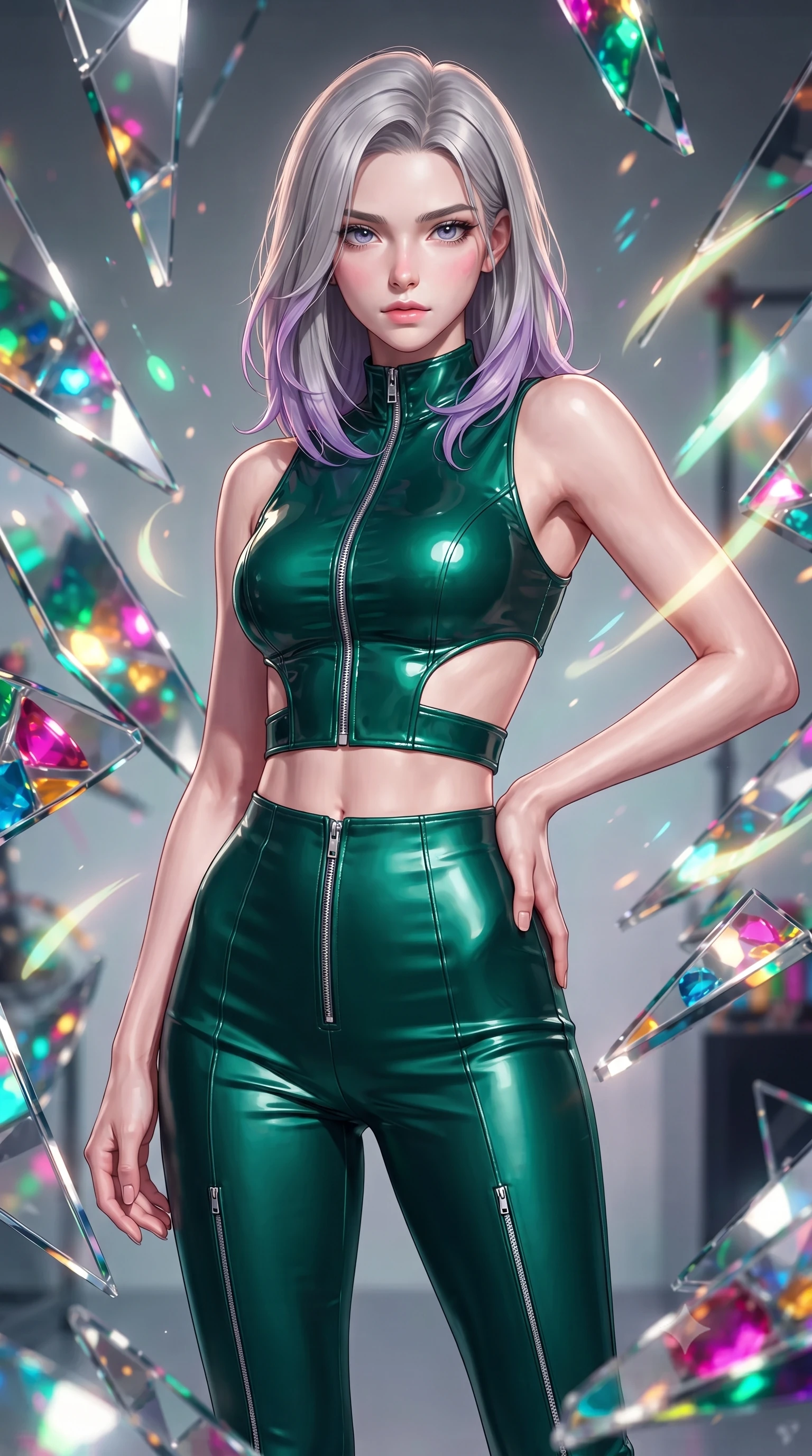 score_9, masterpiece, best quality, ultra-detailed, high-budget anime keyframe, editorial fashion photography, tasteful artistic composition, Caucasian woman. close-up cowboy shot from the waist and thighs up, the character dominates the composition, filling the frame with her large presence, background elements kept in soft focus. Holding a confident power pose with one hand on her hip, gazing directly into the camera with quiet intensity surrounded by rotating shattered mirror sculptures reflecting bright acrylic colors, glowing neon brushstrokes floating poetically around her silhouette. She has an exceptionally elegant, slender, and willowy female figure with an ultra-slim waist, a gracefully sculpted slender torso, and a refined silhouette. sharp v-shaped jawline, high-bridge nose, intricate jewel-like eyes with depth, thick eyelashes, glossy lips with a natural sheen. wearing a glossy vinyl crop top and high-waist tailored leggings with sleek zippers in deep emerald green and silver accent, crafted from smooth liquid silk, featuring clean architectural cutouts along her slender torso, the sleek second-skin texture accentuating her magnetic presence. bathed in high-contrast vibrant studio lighting with sharp specular highlights. highly saturated vibrant anime colors, detailed shading with soft gradients, rich glossy textures, high-contrast stereoscopic depth, volumetric dynamic lighting, master piece, 9:16 ratio