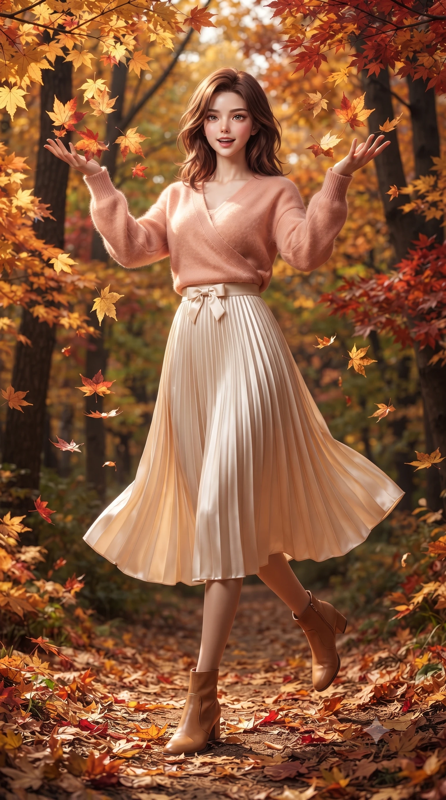 score_9, masterpiece, best quality, ultra-detailed, high-budget anime keyframe, editorial fashion photography, tasteful artistic composition, Korean woman. low angle full-body shot from head to toe showing her feet, filling the entire 9:16 vertical frame with her statuesque presence, stretching her vertical silhouette. stepping forward gracefully in mid-motion with a delighted cute laugh, displaying her tall slender model proportions while tossing a handful of golden maple leaves into the crisp autumn air with a bright, childlike laugh. The surrounding environment is rendered in vivid detail and crisp panoramic clarity. rich autumn chiaroscuro and breathtaking seasonal forest foliage captured with environmental precision. She has an absolutely perfect, statuesque 8.5-heads proportion, an exceptionally tall and slender model-like female figure with impossibly long slender legs, a toned flat midriff, and an ultra-slim waist. sharp v-shaped jawline, high-bridge nose, intricate jewel-like eyes with depth, thick eyelashes, glossy lips with a natural sheen, pure and lovely fresh girlhood expression, flawlessly proportioned anatomical accuracy, strict slender model proportions, natural body alignment, perfectly sculpted long slender limbs, ultra-slim waistline, clean dynamic posture without body distortion. wearing an elegant soft cashmere wrap sweater paired with a flowing pleated satin midi skirt in warm peach blossom pink and champagne ivory, crafted from smooth fluid silk satin with a natural gentle sheen, accented with a dainty ribbon bow at the waistline, the relaxed yet flattering fit accentuating her naturally graceful and slender figure, highlighting her youthful charm and lovely silhouette. surrounded by a warm, romantic, and deeply nostalgic autumn sweetheart aura. ultra-reflective glossy finish, specular highlights, rich natural textures, high-contrast stereoscopic depth, volumetric dynamic lighting, 2k, ultra detail, master piece, 9:16 ratio