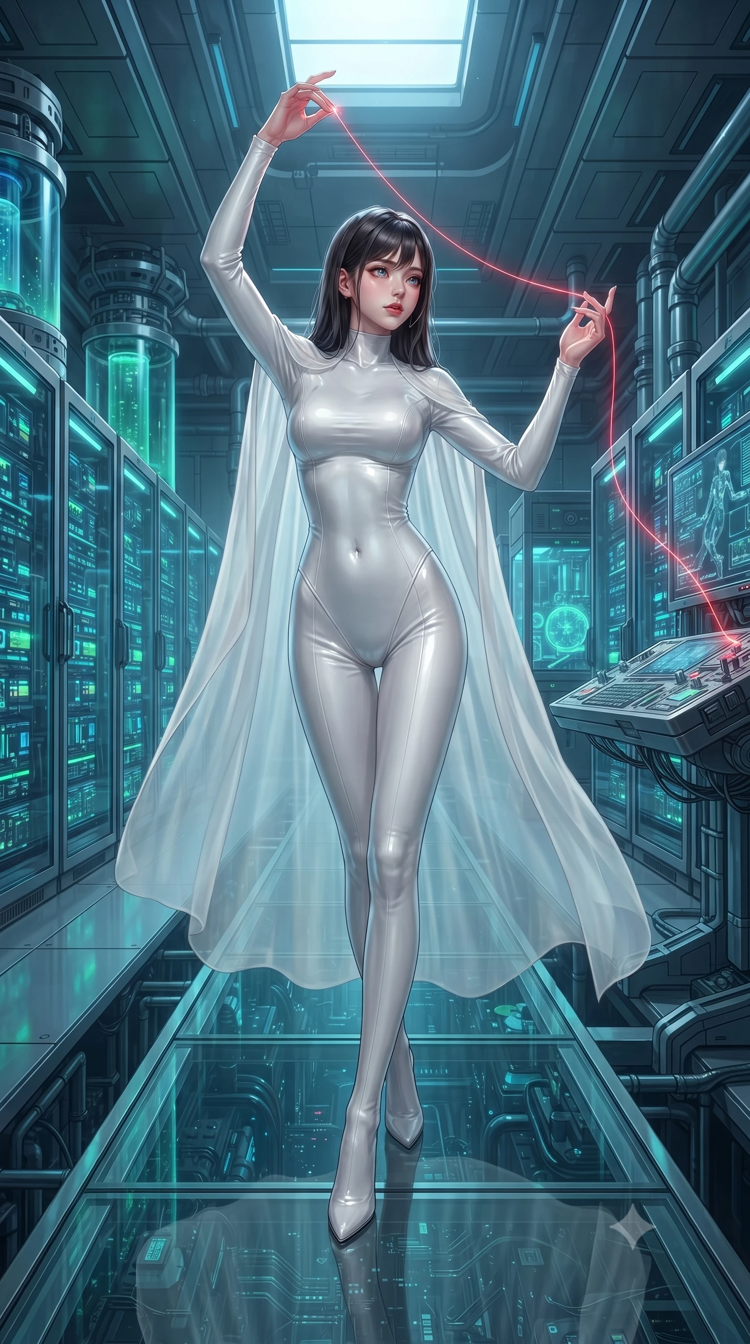 score_9, masterpiece, best quality, ultra-detailed, High-budget Anime Keyframe, editorial fashion photography, tasteful artistic composition, realistic cosplay photography, East Asian woman. Dynamic full-body shot stretching the vertical silhouette to the limit. Scenario 522: tracing a glowing red thread of fate with her fingers in a high-tech laboratory with rows of water-cooled server racks. Her presence is magnetic and overpowering in this high-budget cinematic scene. Outfit 522: a body-hugging pearl white matte vinyl catsuit draped with a semi-transparent chiffon cape. The clothing is designed to emphasize her exceptionally tall and slender 8-heads proportion. 8-heads proportion, towering silhouette, ultra-slim waist. sharp v-shaped jawline, intricate jewel-like eyes with depth, thick eyelashes, glossy lips. ultra-reflective glossy finish, specular highlights, metallic sheen, high-contrast stereoscopic depth, volumetric dynamic lighting, 2k, ultra detail, master piece, 9:16 ratio
