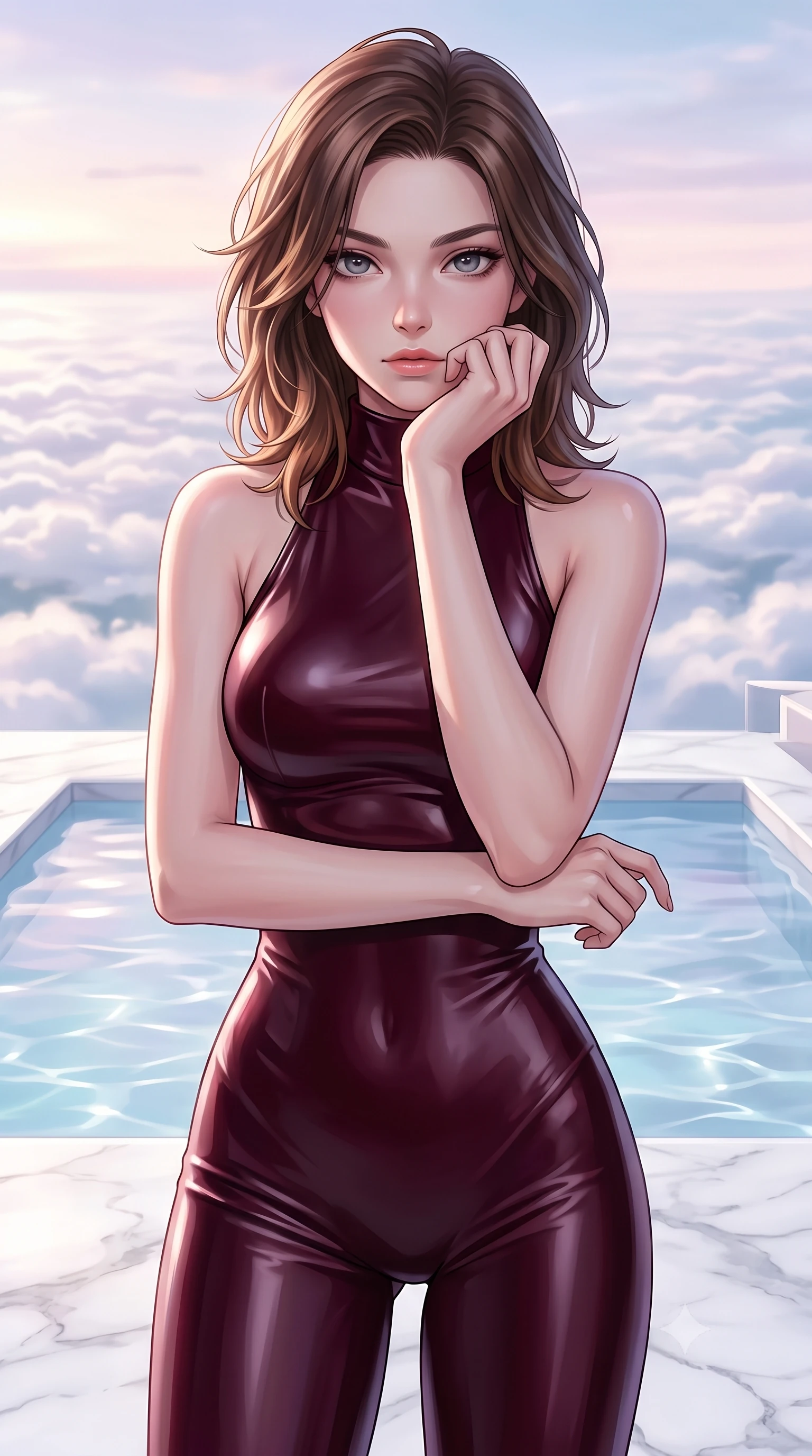 score_9, masterpiece, best quality, ultra-detailed, high-budget anime keyframe, editorial fashion photography, tasteful artistic composition, Korean woman woman. close-up cowboy shot from the waist and thighs up, the character dominates the composition, filling the frame with her large presence, background elements kept in soft focus. She has an exceptionally elegant, slender, and willowy female figure with an ultra-slim waist, a gracefully sculpted slender torso, and a refined silhouette. resting her chin on the back of her fingers in a thoughtful and effortless pose, flawlessly proportioned anatomical accuracy, natural body alignment, perfectly sculpted elegant limbs, clean dynamic posture without body distortion. set against a soft-focus background of a white marble terrace pool above a sea of clouds. wearing a form-fitting dark burgundy vinyl bodycon outfit with a high collar line. bathed in soft pastel dawn light reflecting off clear water onto her refined features. highly saturated vibrant anime colors, detailed shading with soft gradients, rich glossy textures, high-contrast stereoscopic depth, volumetric dynamic lighting, master piece, 9:16 ratio