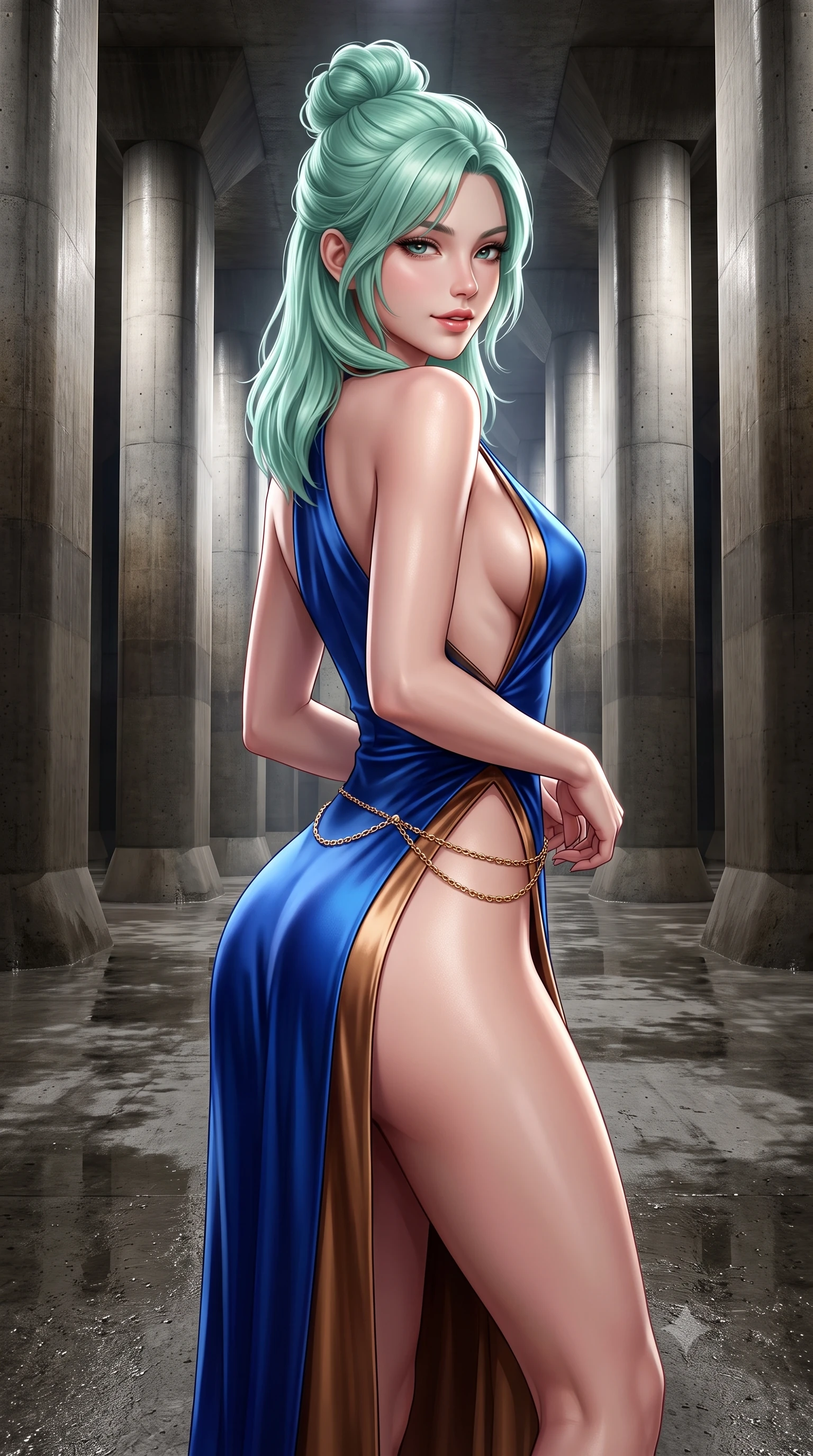 score_9, masterpiece, best quality, ultra-detailed, high-budget anime keyframe, semi-realistic 3D game render, editorial fashion photography, tasteful artistic composition, Japanese woman. close-up cowboy shot from the waist and thighs up, the character dominates the composition, filling the frame with her large presence. turning over a bare shoulder with an intoxicating, teasing smile, her soft hair framing her sharp jawline as her hips angle gracefully while standing on the vast wet concrete floor between monumental 20-meter high pillars resembling a subterranean temple, arching her back with high-fashion sovereign poise. The surrounding environment is rendered in vivid detail and crisp panoramic clarity. detailed liquid-tight garment sheen, specular skin highlights, and massive concrete column grid clarity in high resolution. She has an exceptionally elegant, slender, and willowy female figure with an ultra-slim waist, flat toned midriff, narrow ribcage, and sculpted feminine hips creating an alluring, slim hourglass silhouette without bulk. sharp v-shaped jawline, high-bridge nose, intricate jewel-like eyes with depth, thick eyelashes, glossy parted lips with a natural sheen, intensely captivating and seductive bedroom-eyes expression, flawlessly proportioned anatomical accuracy, strict slender model proportions, natural body alignment, perfectly sculpted long slender limbs, ultra-slim waistline, clean dynamic posture without body distortion. wearing a plunging-V neckline duchess satin gown with high side slits ascending to the high hip in royal sapphire blue and liquid bronze, tailored from ultra-smooth duchess satin with a pearlescent sheen, accented with a delicate gold chain belt resting loosely on her curvy hips, the form-contouring material adhering flawlessly to her sculpted flat midriff and slender torso, emphasizing her long leg lines and perfectly proportioned willowy build. bathed in dramatic architectural floodlights beaming down between giant pillars creating high-contrast chiaroscuro. highly saturated vibrant anime colors, detailed shading with soft gradients, rich glossy textures, high-contrast stereoscopic depth, volumetric dynamic lighting, master piece, 9:16 ratio
