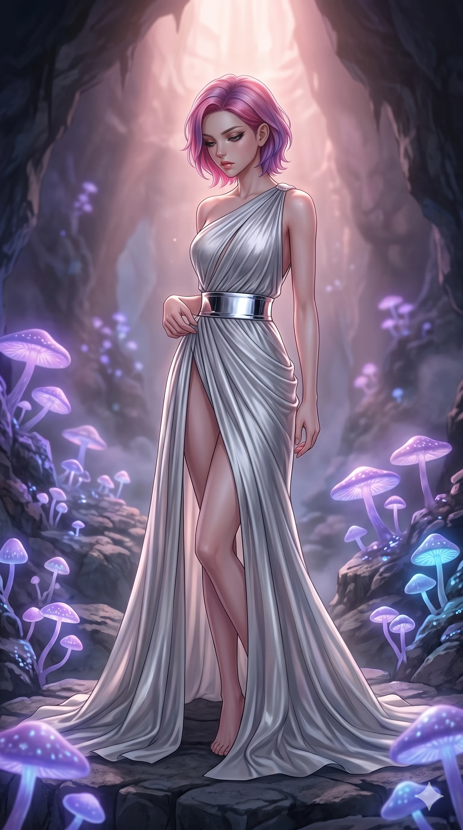 score_9, masterpiece, best quality, ultra-detailed, high-budget anime keyframe, editorial fashion photography, tasteful artistic composition, Caucasian woman, strictly human ears. cowboy shot from the thighs up, character and outfit filling the frame for maximum editorial presence. Looking down with lowered lashes and a composed, powerful expression within an underground cavern of glowing mushrooms that cast a soft violet light. She has an absolutely perfect 8-heads proportion, an exceptionally tall and slender female figure with impossibly long slender legs and an ultra-slim waist. V-shaped jawline, high-bridge nose, intricate jewel-like eyes with depth, thick eyelashes, glossy lips with a natural sheen. wearing a draped one-shoulder gown in liquid silver chiffon that falls to the floor, held at the waist by a polished chrome ring. bathed in soft rose-gold dawn light filtering through atmospheric volumetric fog that wraps her silhouette. 2k, ultra detail, master piece, 9:16 ratio