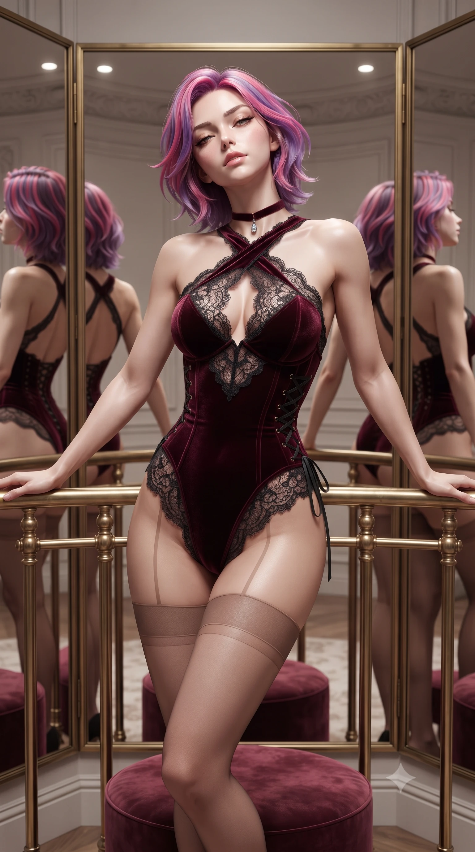 score_9, masterpiece, best quality, ultra-detailed, high-budget anime keyframe, editorial fashion photography, tasteful artistic composition, Caucasian woman. close-up cowboy shot from the waist and thighs up, the character dominates the composition, filling the frame with her large presence. leaning back against the balustrade with relaxed seductive grace, head tilted back slightly while casting a hypnotic, heavy-lidded gaze while standing poised on the circular velvet fitting pedestal between floor-to-ceiling trifold mirrors, arching her back with supreme haute couture grace. The surrounding environment is rendered in vivid detail and crisp panoramic clarity: detailed boned satin corset bodice lacing, sheer stocking seam lines, and luxury atelier craftsmanship in high resolution. She has an exceptionally elegant, slender, and willowy female figure with an ultra-slim waist, flat toned midriff, narrow ribcage, and sculpted feminine hips creating an alluring, slim hourglass silhouette without bulk. sharp v-shaped jawline, high-bridge nose, sparkling eyes with hypnotic seductive depth, thick curled eyelashes, glossy parted lips with a natural dewy peach sheen, alluring bedroom-eyes with an enchanting coquettish smile, exuding magnetic siren charisma and sophisticated glamour, flawlessly proportioned anatomical accuracy, strict slender model proportions, natural body alignment, perfectly sculpted long slender limbs, ultra-slim waistline, clean dynamic posture without body distortion. wearing a criss-cross halterneck keyhole bodysuit with open back and sculpted waist darts in deep bordeaux velvet and delicate black chantilly, woven from buttery-soft stretch lambskin leather adhering to her body like a second skin, finished with a thin velvet ribbon choker and a single teardrop diamond pendant, the high-slit wrap tailoring accentuating her ultra-slim waistline and the enchanting curve of her feminine hips with alluring seductive charm. bathed in flattering high-CRI 3000K diffuse vanity perimeter illumination designed for fashion photography. ultra-reflective glossy finish, specular highlights, rich textural contrasts, high-contrast stereoscopic depth, volumetric dynamic lighting, 2k, ultra detail, master piece, 9:16 ratio