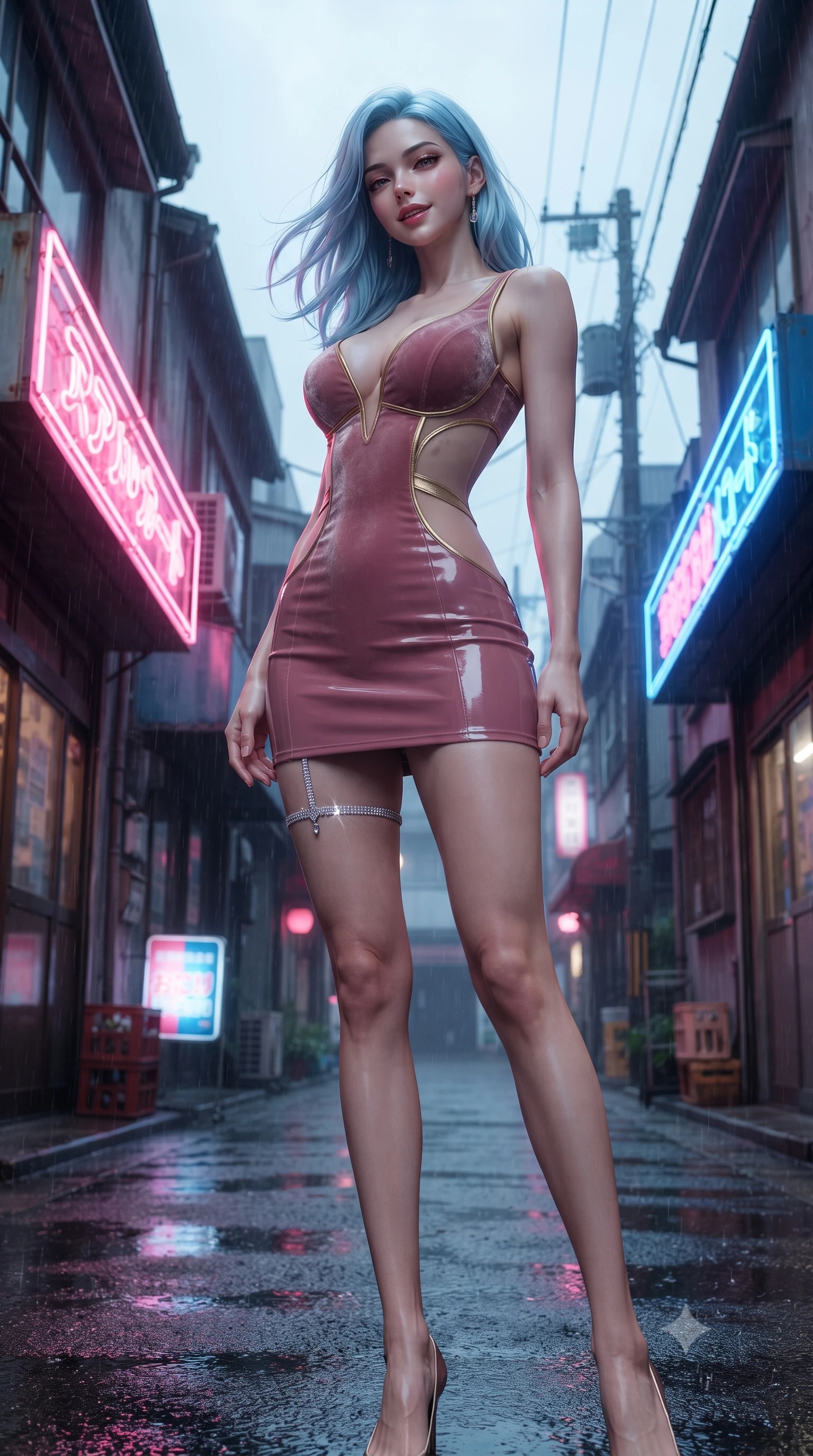 score_9, masterpiece, best quality, ultra-detailed, high-budget anime keyframe, editorial fashion photography, tasteful artistic composition, Korean woman. low angle full-body shot from head to toe showing her feet, filling the entire 9:16 vertical frame with her statuesque presence, stretching her vertical silhouette. reclining gracefully across the plush chaise lounge with one leg extended, her sculpted silhouette and flat midriff radiating magnetic nocturnal glamour while standing poised in the middle of the rain-washed alley with hips cocked back, looking into the camera with an irresistible bedroom-smile. The surrounding environment is rendered in vivid detail and crisp panoramic clarity: detailed vinyl mini-skirt shine, subtle mesh fabric texture, and authentic Showa-era alley architecture in razor-sharp precision. She has an absolutely perfect, statuesque 8.5-heads proportion, an exceptionally tall and slender model-like female figure with impossibly long slender legs, an ultra-slim waist, a flat toned midriff, narrow delicate ribcage, and beautifully sculpted feminine hips creating a graceful, slim hourglass silhouette without any bulky heaviness. sharp v-shaped jawline, high-bridge nose, sparkling eyes with hypnotic seductive depth, thick curled eyelashes, glossy parted lips with a natural dewy peach sheen, alluring bedroom-eyes with an enchanting coquettish smile, exuding magnetic siren charisma and sophisticated glamour, flawlessly proportioned anatomical accuracy, strict slender model proportions, natural body alignment, perfectly sculpted long slender limbs, ultra-slim waistline, clean dynamic posture without body distortion. wearing a deep sweetheart-neckline velvet bodycon dress with sheer side-torso cutouts accentuating her hourglass curves in dusky blush rose and antique gold trims, woven from buttery-soft stretch lambskin leather adhering to her body like a second skin, accented with a delicate crystal-encrusted thigh garter strap glinting under the lights, the glove-like clinging cut tightly following the natural contour of her hips and long slender legs with youthful 8.5-heads elegance. bathed in saturated neon pink and cobalt blue light spilling horizontally from arcade marquees. ultra-reflective glossy finish, specular highlights, rich textural contrasts, high-contrast stereoscopic depth, volumetric dynamic lighting, 2k, ultra detail, master piece, 9:16 ratio