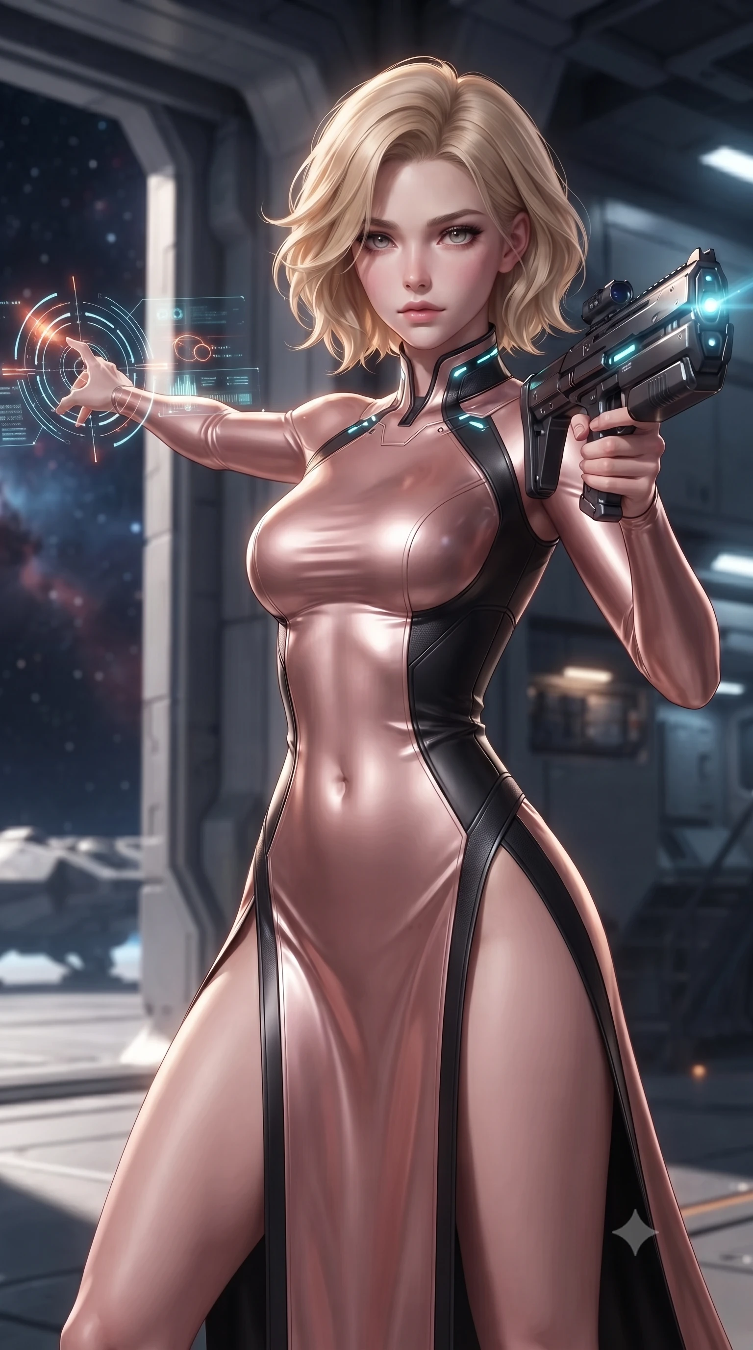 score_9, masterpiece, best quality, ultra-detailed, high-budget anime keyframe, editorial fashion photography, tasteful artistic composition, Caucasian woman. close-up cowboy shot from the waist and thighs up, the character dominates the composition, filling the frame with her large presence. extending one arm gracefully as glowing holographic targeting reticles and data streams orbit her fingertips with sovereign power while standing poised near the massive open airlock of a zero-gravity orbital hangar while aiming a sleek carbon railgun rifle toward the cosmos. The composition keeps background elements in soft focus with creamy bokeh. massive hangar blast doors and starship docking clamps softened in smooth atmospheric depth of field. She has an exceptionally elegant, slender, and willowy female figure with an ultra-slim waist, a gracefully sculpted slender torso, toned flat midriff, and a refined slim silhouette. sharp v-shaped jawline, high-bridge nose, intricate jewel-like eyes with depth, thick eyelashes, glossy lips with a natural sheen, flawlessly proportioned anatomical accuracy, strict slender model proportions, natural body alignment, perfectly sculpted long slender limbs, ultra-slim waistline, clean dynamic posture without body distortion. wearing a form-fitting luminous rose-gold carbon combat gown with tactical side slits, wielding a floating magnetic energy bow with celestial poise in monochrome white enamel carbon with high-contrast black panels, made of liquid carbon-jersey fabric adhering flawlessly to her sculpted silhouette, featuring a sleek aerodynamic collar framed by subtle glowing cybernetic status LEDs, the form-contouring material adhering flawlessly to her sculpted flat midriff and slender torso, emphasizing her long leg lines and perfectly proportioned willowy build. illuminated by glowing cyan rifle charging lights and sharp specular highlights tracing her slender curves. ultra-reflective glossy finish, specular highlights, dark metallic sheen, high-contrast stereoscopic depth, volumetric dynamic lighting, 2k, ultra detail, master piece, 9:16 ratio