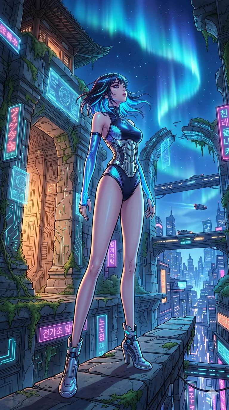 score_9, masterpiece, best quality, ultra-detailed, high-budget anime movie keyframe, cinematic anime lighting, intricate line art, Korean anime girl. Dynamic full-body shot stretching the vertical silhouette across the 9:16 frame. exploring lost ruins in a cyber-temple in Neo-Tokyo amidst aurora borealis. She has an absolutely perfect 8-heads proportion, an exceptionally tall and slender female figure with an ultra-slim waist and impossibly long slender legs. sharp v-shaped jawline, high-bridge nose, intricate jewel-like eyes, thick eyelashes, glossy lips. Wearing asymmetrical high-cut tech-bodysuit with detached glowing sleeves, chrome-plated mechanical corset, and bioluminescent mesh panels clinging to her slender figure. The scene is illuminated by dramatic atmospheric lighting and vibrant color palettes. 2k, ultra detail, master piece, 9:16 ratio
