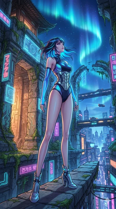score_9, masterpiece, best quality, ultra-detailed, high-budget anime movie keyframe, cinematic anime lighting, intricate line art, Korean anime girl. Dynamic full-body shot stretching the vertical silhouette across the 9:16 frame. exploring lost rui