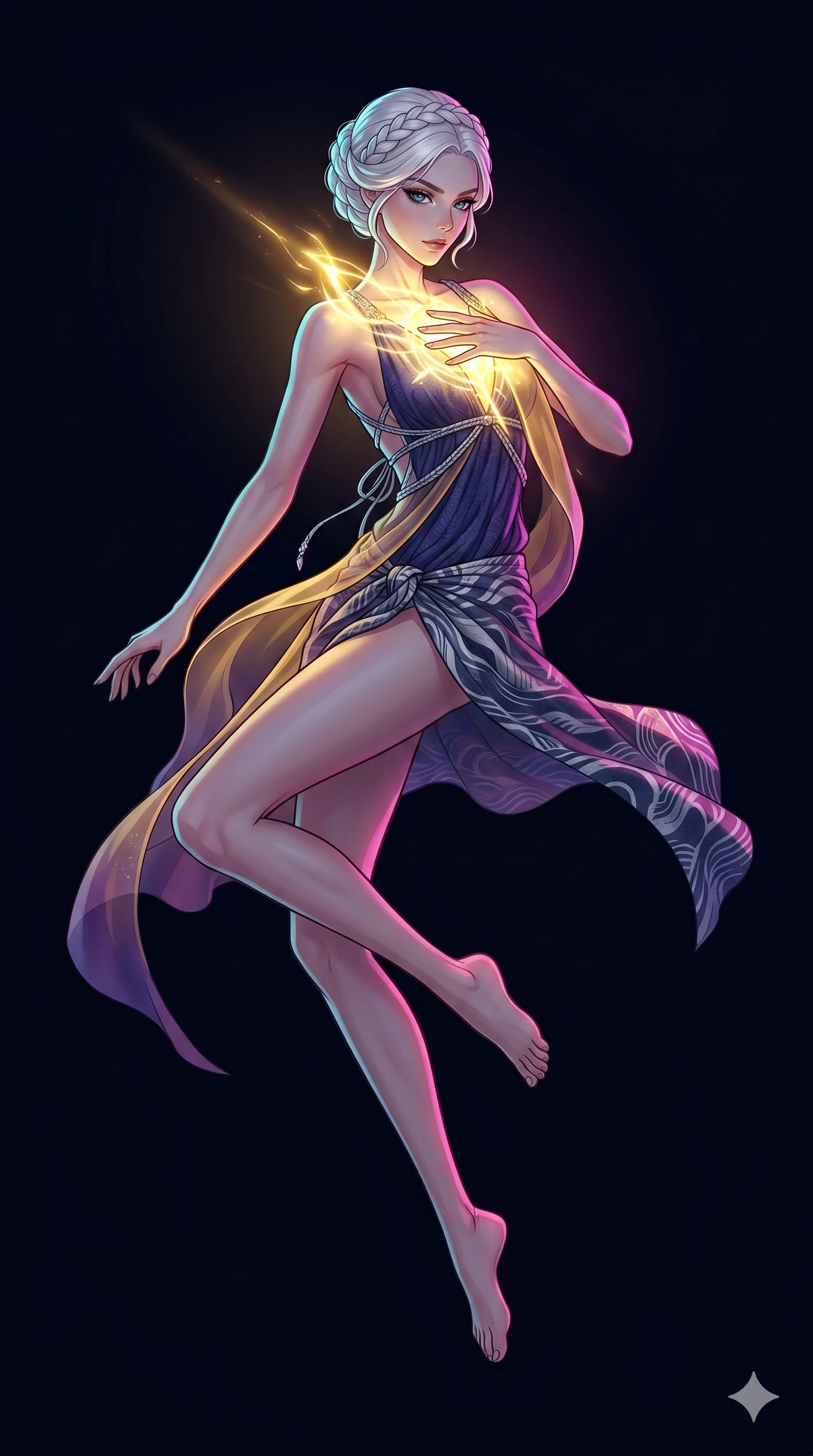 score_9, masterpiece, best quality, ultra-detailed, high-budget anime movie keyframe, cinematic anime lighting, intricate line art, Japanese woman. Mid-air action shot capturing a graceful twist and vertical silhouette. shielding her heart with a glowing hand in a dark void. She has an absolutely perfect 8-heads proportion, an exceptionally tall and slender female figure with an ultra-slim waist and impossibly long slender legs. strictly human anatomy, two legs only, no extra limbs, clearly defined legs and arms, perfect anatomy, perfect hands and fingers. sharp v-shaped jawline, high-bridge nose, intricate jewel-like eyes, thick eyelashes, glossy lips. Wearing Seasonal/Resort: High-cut one-piece with sarong, linen sundress with tie-back, and sheer fabric wrap. The scene is illuminated by dramatic atmospheric lighting and vibrant color palettes. , 2k, ultra detail, master piece, 9:16 ratio