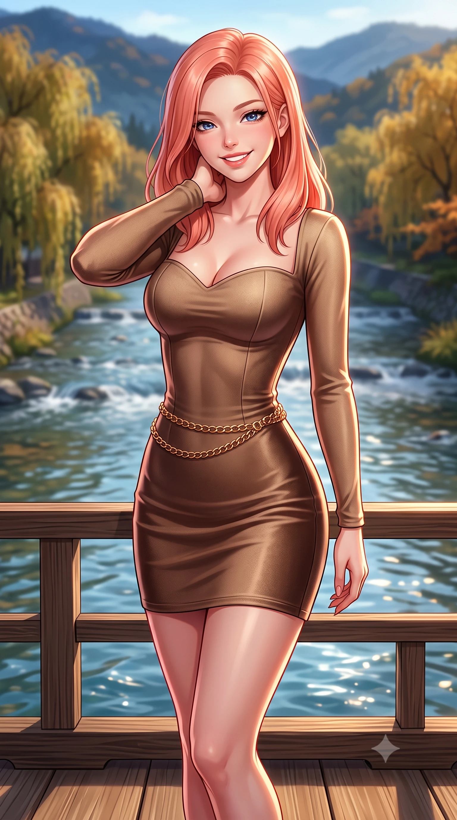 score_9, masterpiece, best quality, ultra-detailed, high-budget anime keyframe, semi-realistic 3D game render, editorial fashion photography, tasteful artistic composition, Japanese woman. close-up cowboy shot from the waist and thighs up, the character dominates the composition, filling the frame with her large presence. resting one hand lightly behind her neck, arching her back with supermodel poise while beaming with an infectious radiant smile while standing poised on the wooden kawayuka deck suspended over the clear riverbank, looking out at autumn willows with a bright, beaming smile. The background shows a soft-focus clear flowing Kamogawa river waters, weeping willow trees turning gold along riverbanks, and distant Higashiyama hills blurred into indigo, golden olive, and slate bokeh. She has an exceptionally elegant, slender, and willowy female figure with an ultra-slim waist, flat toned midriff, narrow ribcage, and sculpted feminine hips creating an alluring, slim hourglass silhouette without bulk. sharp v-shaped jawline, high-bridge nose, intricate jewel-like sparkling eyes with depth, thick eyelashes, glossy parted lips with a natural peach sheen, bright cheerful beaming smile with an enchanting and coquettish sensual glint, exuding both youthful cute charm and seductive allure, flawlessly proportioned anatomical accuracy, strict slender model proportions, natural body alignment, perfectly sculpted long slender limbs, ultra-slim waistline, clean dynamic posture without body distortion. wearing a sculpted sweetheart-neckline knit bodycon dress with long fitted sleeves and an ultra-snug bodice in Saint-Germain camel wool and warm espresso, crafted from fluid liquid velvet offering rich tactile depth while adhering to her hourglass shape, finished with a sleek gold chain belt resting snugly across her narrow waist and curving hips, the second-skin tailored fabric adhering flawlessly to her sculpted flat midriff and slender torso, emphasizing her long leg lines and perfectly proportioned willowy build. illuminated by river water specular reflection bounce and sharp copper-rose rim lights sculpting her jawline, narrow waist, and graceful model proportions. highly saturated vibrant anime colors, detailed shading with soft gradients, rich glossy textures, high-contrast stereoscopic depth, volumetric dynamic lighting, master piece, 9:16 ratio