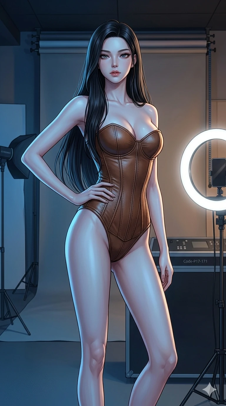 score_9, masterpiece, best quality, ultra-detailed, high-budget anime keyframe, editorial fashion photography, tasteful artistic composition, Korean woman. cowboy shot from the thighs up, character and outfit filling the frame for maximum editorial presence. resting her hand on her hip, arching her back slightly in a photo studio with a ring light (Code-P17-171). She has an absolutely perfect 8-heads proportion, an exceptionally tall and slender female figure with impossibly long slender legs and an ultra-slim waist. V-shaped jawline, high-bridge nose, intricate jewel-like eyes with depth, thick eyelashes, glossy lips with a natural sheen. wearing a leather corset with sweetheart neckline revealing cleavage. cool blue Earthlight mixed with warm indoor lighting, tracing the contours of her body. 2k, ultra detail, master piece, 9:16 ratio