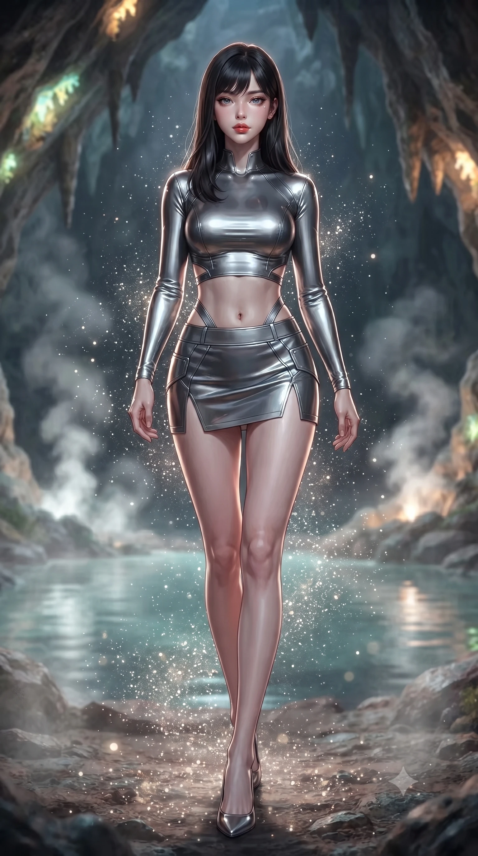 score_9, masterpiece, best quality, ultra-detailed, high-budget anime keyframe, editorial fashion photography, tasteful artistic composition, Korean woman. low angle full-body shot from head to toe showing her feet, filling the entire 9:16 vertical frame with her statuesque presence, stretching her vertical silhouette. stepping gracefully through floating stardust particles, her body-contouring suit showing her athletic, slender silhouette, the background shows a soft-focus a mineral water pool inside a geode cave, with steam rising around rocks. She has an absolutely perfect, statuesque 8.5-heads proportion, an exceptionally tall and slender model-like female figure with impossibly long slender legs and an ultra-slim waist. sharp v-shaped jawline, high-bridge nose, intricate jewel-like eyes with depth, thick eyelashes, glossy lips with a natural sheen. wearing a body-hugging modern carbon-alloy crop top paired with a low-rise tactical skirt and a subtle waist cut-out. soft flickering light from glowing lichen reflecting off the water surface. ultra-reflective glossy finish, specular highlights, metallic sheen, high-contrast stereoscopic depth, volumetric dynamic lighting, 2k, ultra detail, master piece, 9:16 ratio
