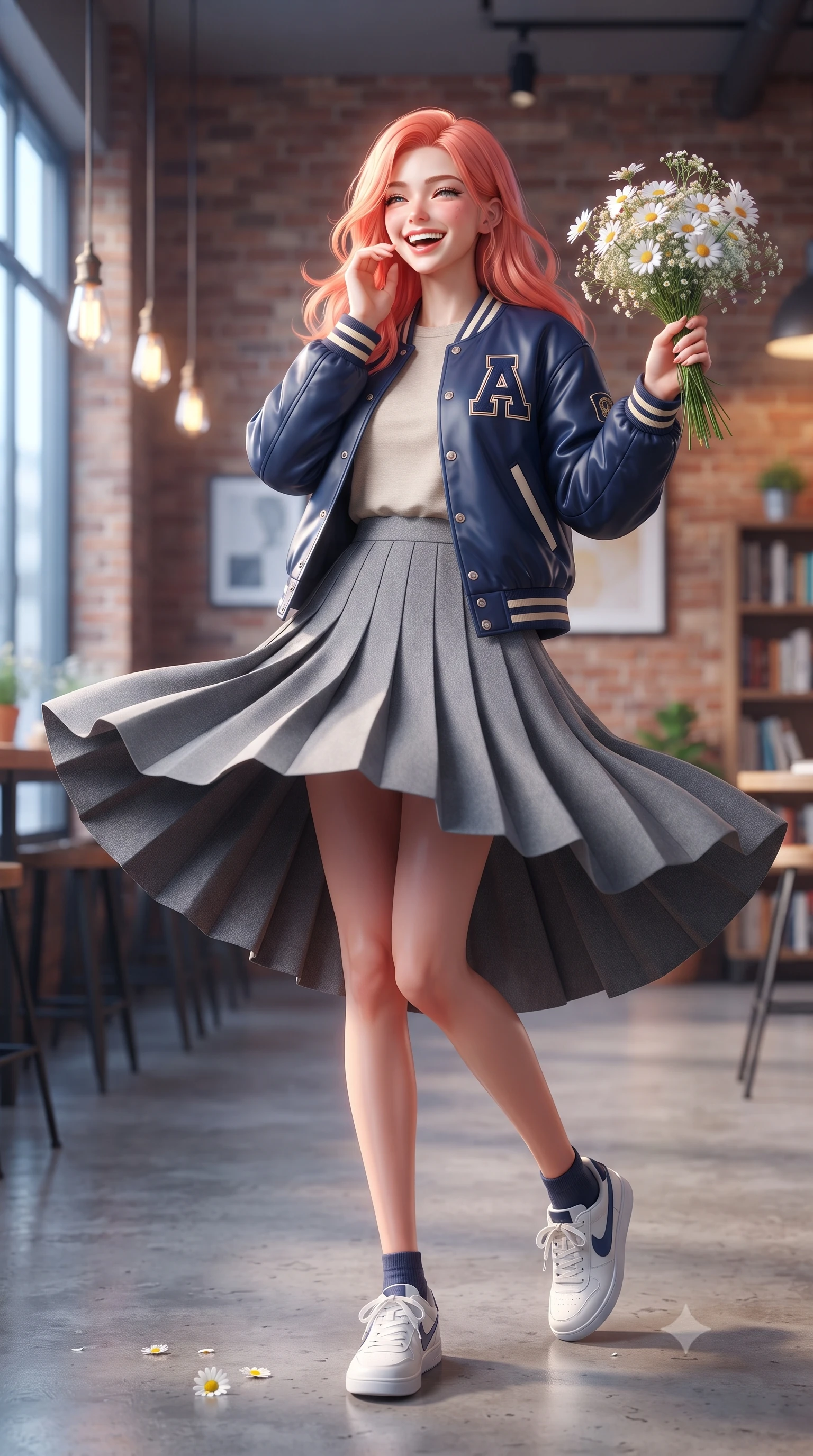 score_9, masterpiece, best quality, ultra-detailed, high-budget anime keyframe, editorial fashion photography, tasteful artistic composition, Japanese woman. low angle full-body shot from head to toe showing her feet, filling the entire 9:16 vertical frame with her statuesque presence, stretching her vertical silhouette. twirling around with a playful, cute laugh, her skirt billowing beautifully in the air set against a soft-focus background of in a cozy student union cafe with brick walls and warm hanging pendant lights while holding a delicate bouquet of white daisies. She has an absolutely perfect, statuesque 8.5-heads proportion, an exceptionally tall and slender model-like female figure with impossibly long slender legs and an ultra-slim waist. sharp v-shaped jawline, high-bridge nose, intricate jewel-like eyes with depth, thick eyelashes, glossy lips with a natural sheen. wearing tailored casual preppy varsity jacket in navy, worn over an oatmeal tee and a pleated grey midi skirt. cool morning sunlight creating a fresh, energetic ambiance. highly saturated vibrant anime colors, detailed shading with soft gradients, rich glossy textures, high-contrast stereoscopic depth, volumetric dynamic lighting, master piece, 9:16 ratio