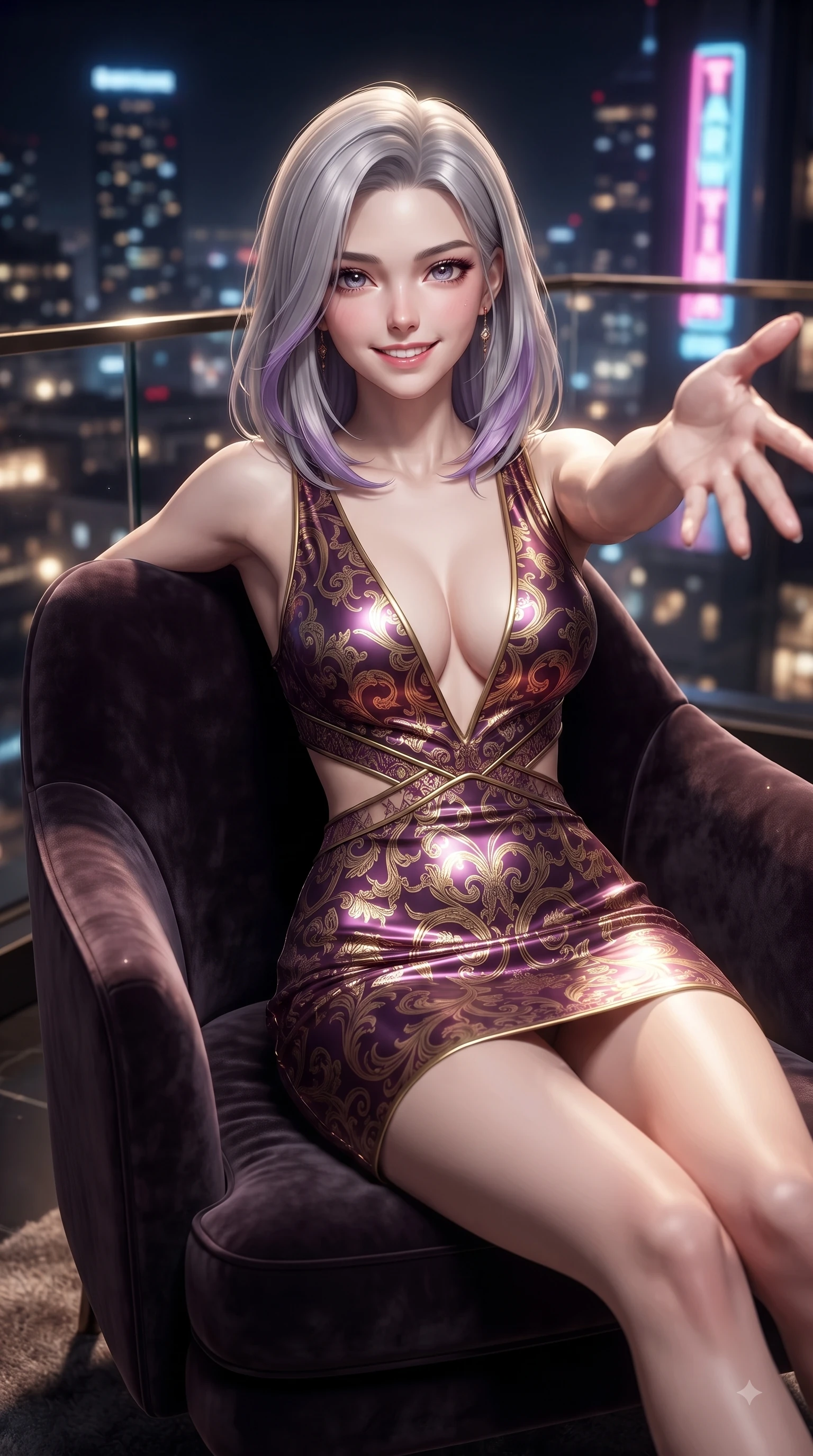 score_9, masterpiece, best quality, ultra-detailed, high-budget anime keyframe, editorial fashion photography, tasteful artistic composition, Caucasian woman. close-up cowboy shot from the waist and thighs up, the character dominates the composition, filling the frame with her large presence, background elements kept in soft focus. Fresh enchanting smile, her eyes twinkling like jewels in the bright sunlight as one arm reaches out cheerfully while lounging in a velvet armchair inside a high-end designer showroom with a smoldering smile, glistening city skyline lights and neon tower signs twinkling softly through glass railings. She has an exceptionally elegant, slender, and willowy female figure with an ultra-slim waist, a gracefully sculpted slender torso, and a refined silhouette. sharp v-shaped jawline, high-bridge nose, intricate jewel-like eyes with depth, thick eyelashes, glossy lips with a natural sheen, flawlessly proportioned anatomical accuracy, natural body alignment, perfectly sculpted elegant limbs, clean dynamic posture without body distortion. wearing a liquid mercury gloss mini dress with ultra-deep V-neck and waist cutouts in plum purple and gold filigree, crafted from smooth liquid silk, featuring clean architectural cutouts along her slender torso, the sleek second-skin texture accentuating her magnetic presence. bathed in dramatic high-contrast urban night lights and sleek golden spotlights. ultra-reflective glossy finish, specular highlights, metallic sheen, high-contrast stereoscopic depth, volumetric dynamic lighting, 2k, ultra detail, master piece, 9:16 ratio