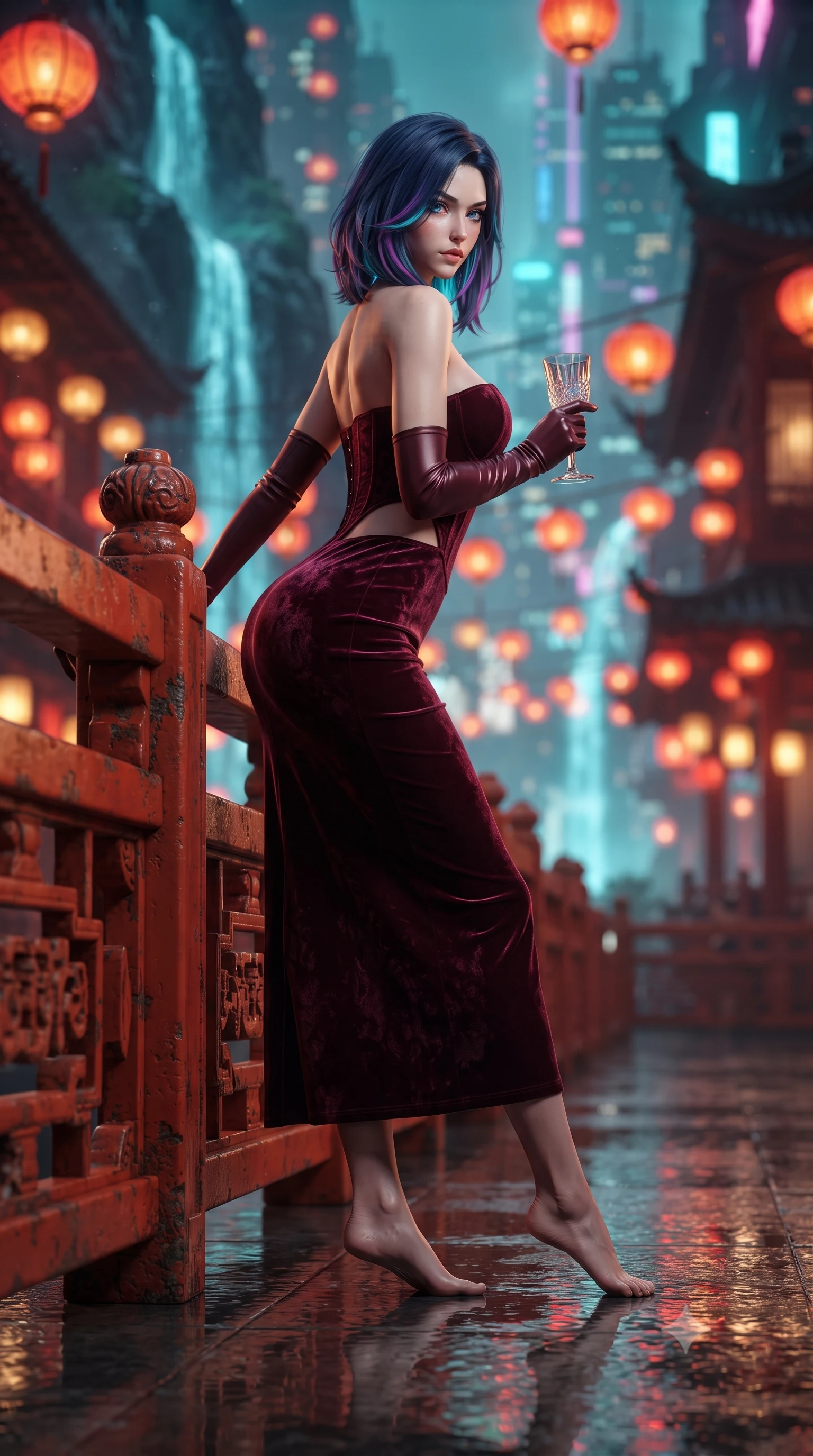 score_9, masterpiece, best quality, ultra-detailed, high-budget anime keyframe, editorial fashion photography, tasteful artistic composition, Caucasian woman. low angle full-body shot from head to toe showing her feet, filling the entire 9:16 vertical frame with her statuesque presence, stretching her vertical silhouette. posing with back turned slightly to the lens, glancing back with smoldering allure as she arches her lower back to emphasize her sculpted feminine hips and slender waist while leaning deep against the carved vermilion railing with hips cocked back, looking over her bare shoulder with bedroom-eyes as digital neon waterfalls cascade down carbon-fiber rock walls. The composition keeps background elements in soft focus with creamy bokeh. thousands of glowing crimson and amber paper lanterns and distant neon tea houses blurred into rich scarlet, gold, and turquoise bokeh. She has an exceptionally tall and slender model-like 8.5-heads proportion, an ultra-slim waist, a flat toned midriff, narrow delicate ribcage, and beautifully sculpted feminine hips creating a graceful, slim hourglass silhouette without any bulky heaviness, with impossibly long slender legs. sharp v-shaped jawline, high-bridge nose, intricate jewel-like eyes with depth, thick eyelashes, glossy parted lips with a natural sheen, intensely captivating and seductive bedroom-eyes expression, flawlessly proportioned anatomical accuracy, strict slender model proportions, natural body alignment, perfectly sculpted long slender limbs, ultra-slim waistline, clean dynamic posture without body distortion. wearing a deep sweetheart neckline crushed velvet corseted ballgown with an exposed midriff cutout in deep wine burgundy and brushed dark platinum, tailored from liquid silk jersey adhering flawlessly to her slender build, accessorized with opera-length satin gloves and a vintage crystal glass, the glove-like aerodynamic silhouette tightly following the natural contour of her hips and long slender legs with statuesque 8.5-heads elegance. bathed in rich crimson and amber lantern underlights contrasting with cool cyan mountain mist ambient fill. ultra-reflective glossy finish, specular highlights, rich textural contrasts, high-contrast stereoscopic depth, volumetric dynamic lighting, 2k, ultra detail, master piece, 9:16 ratio