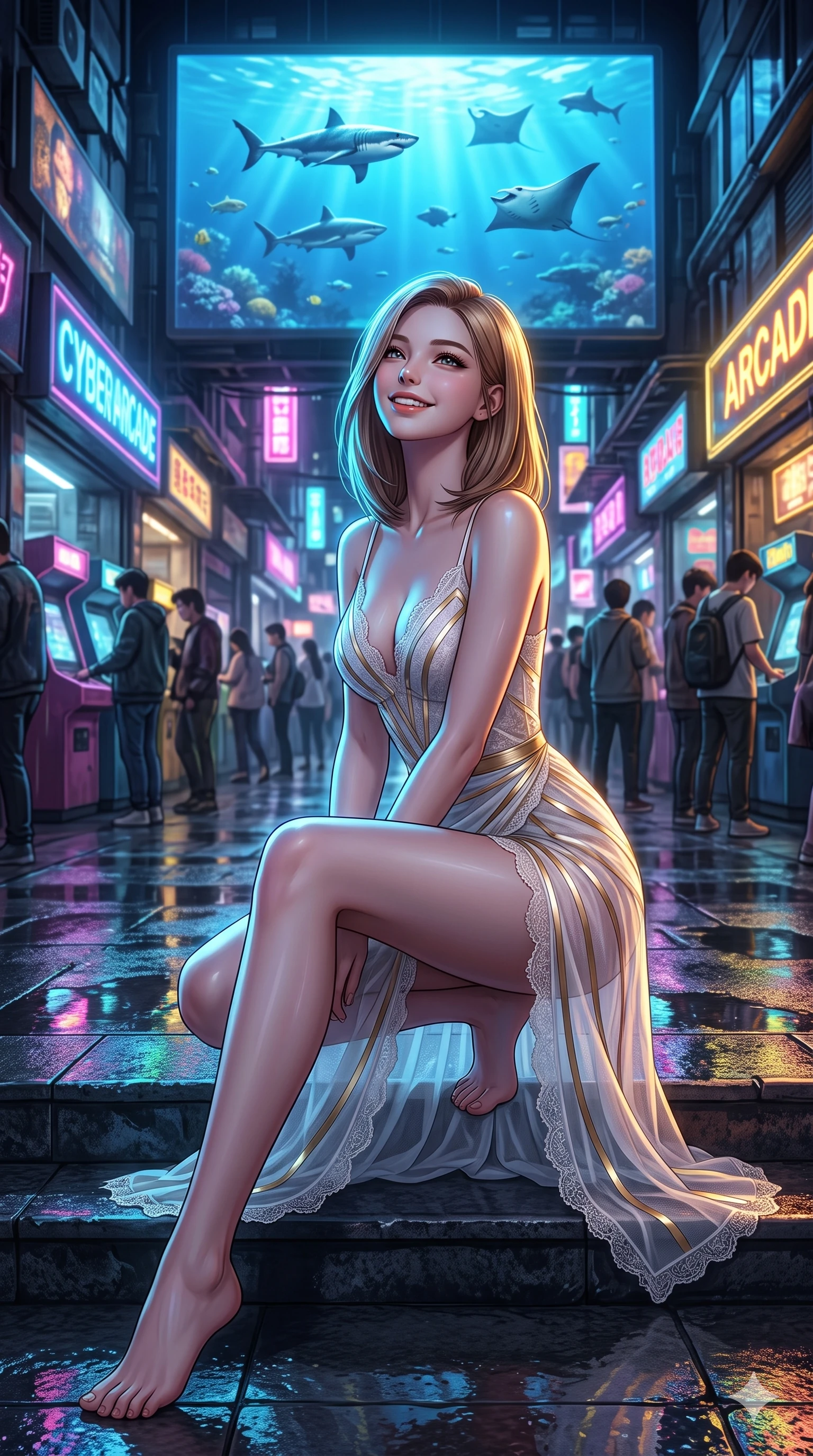 score_9, masterpiece, best quality, ultra-detailed, high-budget anime keyframe, editorial fashion photography, tasteful artistic composition, Korean woman. low angle full-body shot from head to toe showing her feet, filling the entire 9:16 vertical frame with her statuesque presence, stretching her vertical silhouette. sitting poised on the stone steps with one knee bent, arching her spine with supermodel elegance as she glances upward through thick eyelashes while standing poised in the crowded cyber-arcade alley beneath a giant virtual aquarium billboard projecting swimming sharks and manta rays, arching her spine with seductive charisma. The background shows a soft-focus rain puddles reflecting arcade signs softened in cyberpunk market alley shallow focus. She has an exceptionally tall and slender model-like 8.5-heads proportion, an ultra-slim waist, a flat toned midriff, narrow delicate ribcage, and beautifully sculpted feminine hips creating a graceful, slim hourglass silhouette without any bulky heaviness, with impossibly long slender legs. sharp v-shaped jawline, high-bridge nose, intricate jewel-like sparkling eyes with depth, thick eyelashes, glossy parted lips with a natural peach sheen, bright cheerful beaming smile with an enchanting and coquettish sensual glint, exuding both youthful cute charm and seductive allure, flawlessly proportioned anatomical accuracy, strict slender model proportions, natural body alignment, perfectly sculpted long slender limbs, ultra-slim waistline, clean dynamic posture without body distortion. wearing a plunge-front sheer illusion tulle slip dress with liquid platinum ribbon stripes hugging her curves in Kintsugi celestial white porcelain and liquid gold, made of delicate semi-sheer French Chantilly lace with intricate eyelash edges, finished with scalloped eyelash lace trim framing her sweetheart neckline with intimate elegance, the high-slit wrap tailoring accentuating her ultra-slim waistline and the enchanting curve of her feminine hips with alluring seductive charm. illuminated by puddle reflection bounce and sharp neon-blue rim lights defining her jawline, narrow waist, and curvy hips. ultra-reflective glossy finish, specular highlights, rich textural contrasts, high-contrast stereoscopic depth, volumetric dynamic lighting, 2k, ultra detail, master piece, 9:16 ratio