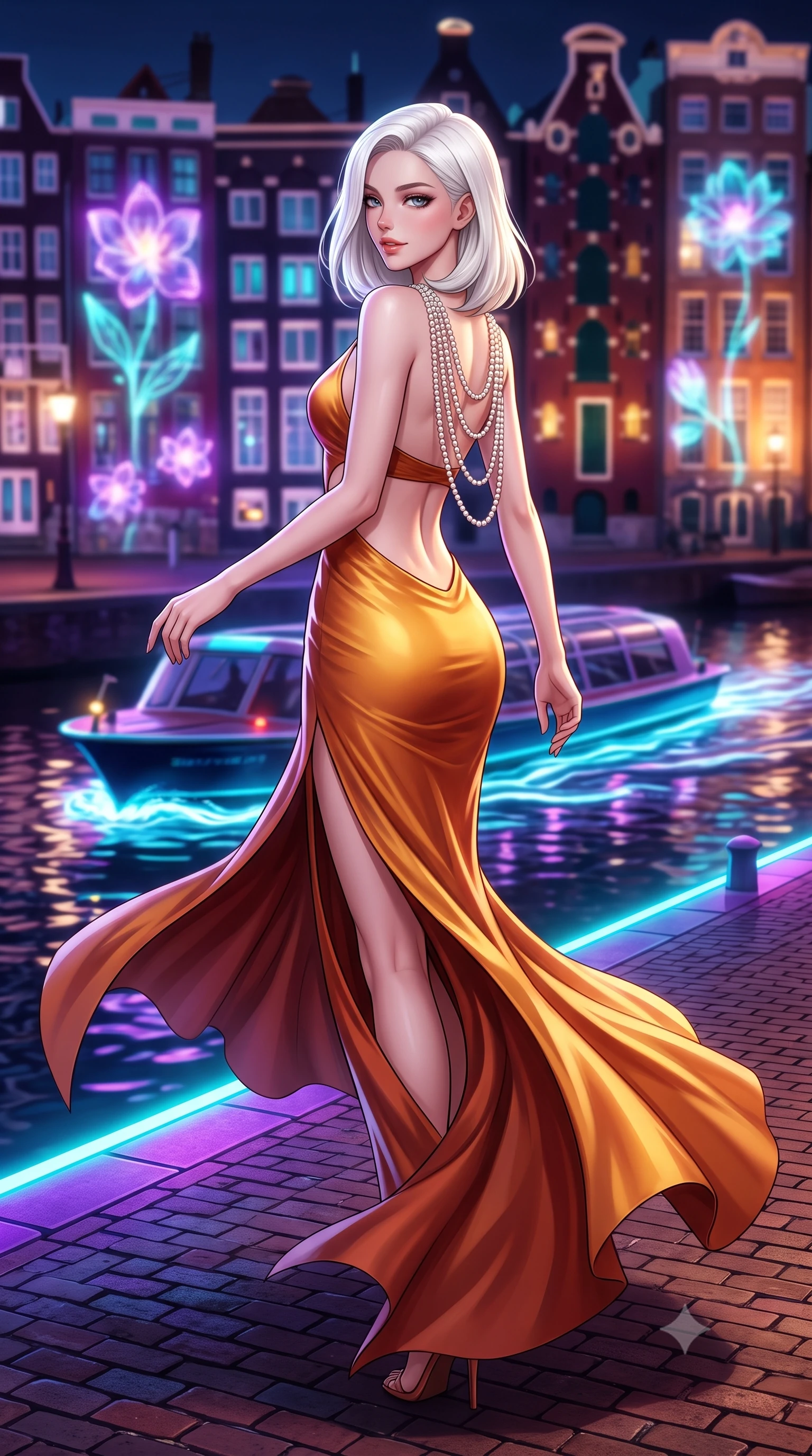 score_9, masterpiece, best quality, ultra-detailed, high-budget anime keyframe, semi-realistic 3D game render, editorial fashion photography, tasteful artistic composition, Caucasian woman. low angle full-body shot from head to toe showing her feet, filling the entire 9:16 vertical frame with her statuesque presence, stretching her vertical silhouette. executing an elegant mid-motion pivot turn as garments swirl around her slender limbs, glancing over her shoulder with an intoxicating bedroom-gaze while turning in an alluring contrapposto stance along the historic brick waterfront, her high-slit dress fluttering as passing electric watercraft stir luminous ripples. The composition keeps background elements in soft focus with creamy bokeh. illuminated gothic canal facades and glowing holographic floral projections blurred into electric violet, turquoise, and amber bokeh. She has an exceptionally tall and slender model-like 8.5-heads proportion, an ultra-slim waist, a flat toned midriff, narrow delicate ribcage, and beautifully sculpted feminine hips creating a graceful, slim hourglass silhouette without any bulky heaviness, with impossibly long slender legs. sharp v-shaped jawline, high-bridge nose, intricate jewel-like eyes with depth, thick eyelashes, glossy parted lips with a natural sheen, intensely captivating and seductive bedroom-eyes expression, flawlessly proportioned anatomical accuracy, strict slender model proportions, natural body alignment, perfectly sculpted long slender limbs, ultra-slim waistline, clean dynamic posture without body distortion. wearing a sculptured liquid-satin mermaid gown with an architectural open-waist cutout and bare spine in molten desert gold and burnt terracotta, tailored from liquid silk jersey adhering flawlessly to her slender build, accented with a multi-strand pearl back necklace cascading down her bare spine to her hips, the form-contouring material adhering flawlessly to her sculpted flat midriff and slender torso, emphasizing her long leg lines and perfectly proportioned willowy build. bathed in rich neon violet and turquoise canal edge lights contrasting with soft ambient dome twilight. highly saturated vibrant anime colors, detailed shading with soft gradients, rich glossy textures, high-contrast stereoscopic depth, volumetric dynamic lighting, master piece, 9:16 ratio
