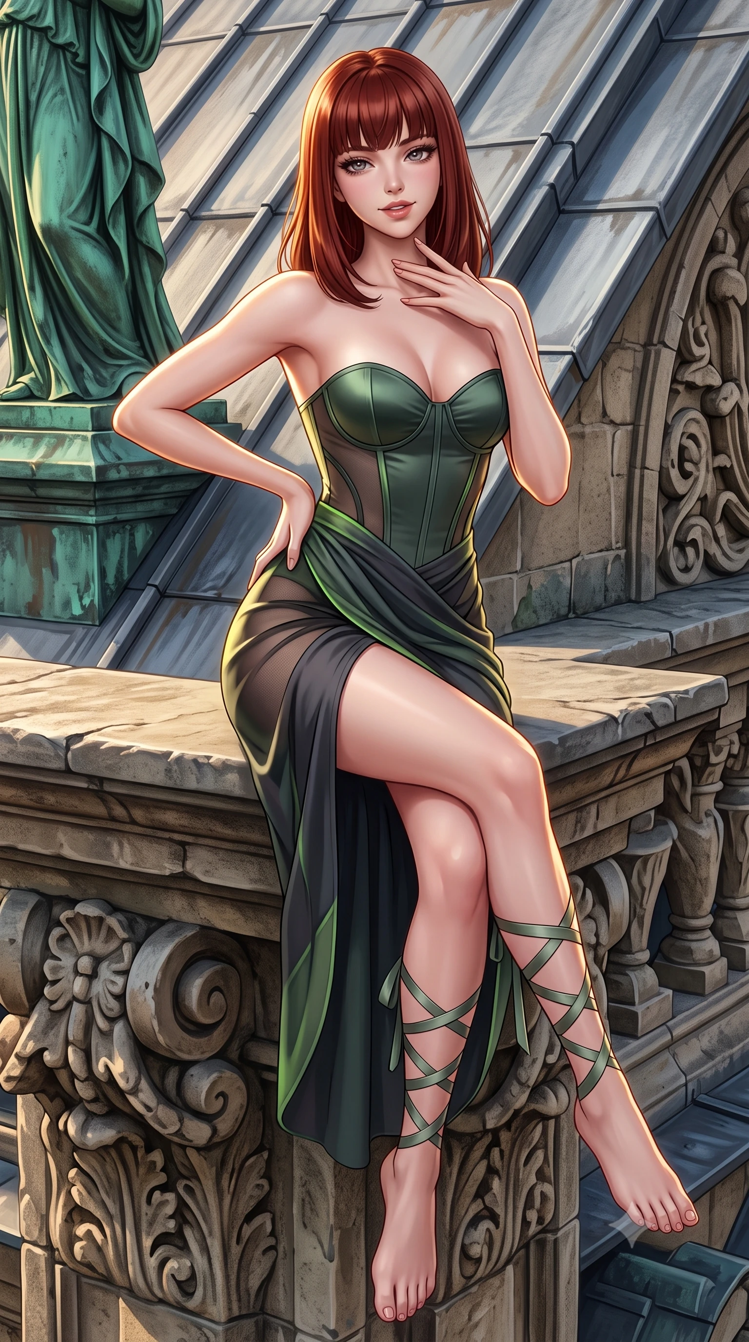 score_9, masterpiece, best quality, ultra-detailed, high-budget anime keyframe, semi-realistic 3D game render, editorial fashion photography, tasteful artistic composition, Caucasian woman. close-up cowboy shot from the waist and thighs up, the character dominates the composition, filling the frame with her large presence. twisting her slender torso in an alluring contrapposto stance, one hand resting on her sculpted hip while her fingers toy with her hair with effortless poise while perched sideways on the stone ledge with legs crossed, one hand touching her throat with an enchanting, parted-lip smile. The surrounding environment is rendered in vivid detail and crisp panoramic clarity: sharp zinc roof seam textures, patinated green copper statue details, and stone parapet carvings in deep focus. She has an exceptionally elegant, slender, and willowy female figure with an ultra-slim waist, flat toned midriff, narrow ribcage, and sculpted feminine hips creating an alluring, slim hourglass silhouette without bulk. sharp v-shaped jawline, high-bridge nose, sparkling eyes with hypnotic seductive depth, thick curled eyelashes, glossy parted lips with a natural dewy peach sheen, alluring bedroom-eyes with an enchanting coquettish smile, exuding magnetic siren charisma and sophisticated glamour, flawlessly proportioned anatomical accuracy, strict slender model proportions, natural body alignment, perfectly sculpted long slender limbs, ultra-slim waistline, clean dynamic posture without body distortion. wearing a strapless boned satin corset bodice paired with a draped tulip ballet wrap skirt framing her hourglass curves in stealth night-vision green and carbon charcoal with neon accents, made of semi-opaque stretch illusion mesh with soft shadowy contours, finished with delicate satin ballet ribbon ties criss-crossing up her slender calves to the knee, the high-slit wrap tailoring accentuating her ultra-slim waistline and the enchanting curve of her feminine hips with alluring seductive charm. illuminated by zinc roof specular bounce and sharp warm-gold rim lights defining her razor-sharp jawline, flat midriff, and curvy hips. highly saturated vibrant anime colors, detailed shading with soft gradients, rich glossy textures, high-contrast stereoscopic depth, volumetric dynamic lighting, master piece, 9:16 ratio