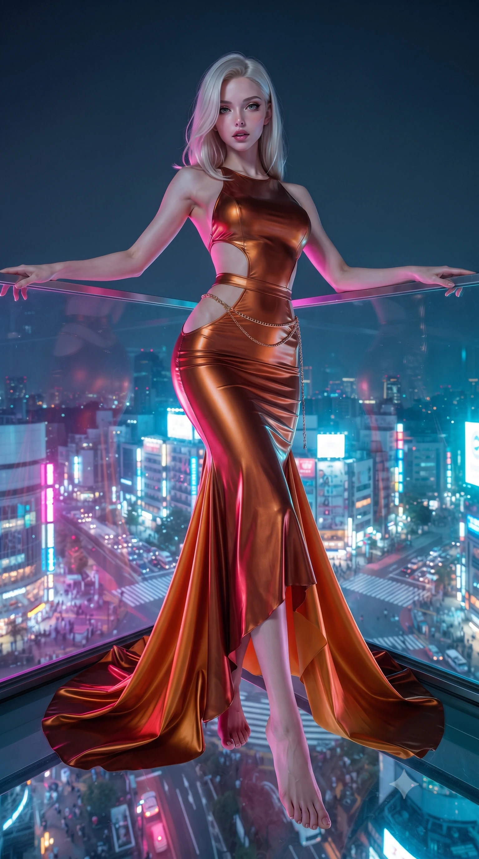score_9, masterpiece, best quality, ultra-detailed, high-budget anime keyframe, editorial fashion photography, tasteful artistic composition, Caucasian woman. low angle full-body shot from head to toe showing her feet, filling the entire 9:16 vertical frame with her statuesque presence, stretching her vertical silhouette. striding forward in a proud supermodel runway stride, hips swaying in an alluring kinetic rhythm that accentuates her curvy hourglass silhouette while leaning deep against the transparent cantilevered glasscube railing suspended 300 meters above Shibuya, hips cocked back as neon crossroads swirl beneath her feet. The surrounding environment is rendered in vivid detail and crisp panoramic clarity. detailed fabric sheen, neon reflection clarity, and endless Tokyo metropolis panorama in high resolution. She has an exceptionally tall and slender model-like 8.5-heads proportion, an ultra-slim waist, a flat toned midriff, narrow delicate ribcage, and beautifully sculpted feminine hips creating a graceful, slim hourglass silhouette without any bulky heaviness, with impossibly long slender legs. sharp v-shaped jawline, high-bridge nose, intricate jewel-like eyes with depth, thick eyelashes, glossy parted lips with a natural sheen, intensely captivating and seductive bedroom-eyes expression, flawlessly proportioned anatomical accuracy, strict slender model proportions, natural body alignment, perfectly sculpted long slender limbs, ultra-slim waistline, clean dynamic posture without body distortion. wearing an open-back duchess satin gala gown with a dramatic hip-hugging drape and cascading trailing hem in rich copper bronze and warm amber, tailored from second-skin aerodynamic stretch vinyl with specular wet sheen, accented with a delicate gold chain belt resting loosely on her curvy hips, the second-skin form-contouring cut accentuating her sculpted flat midriff, narrow delicate ribcage, and gracefully curvy hips with supermodel precision. bathed in vibrant magenta and electric cyan neon underlights contrasting with cool night sky ambient fill. ultra-reflective glossy finish, specular highlights, rich textural contrasts, high-contrast stereoscopic depth, volumetric dynamic lighting, 2k, ultra detail, master piece, 9:16 ratio