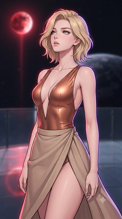 score_9, masterpiece, best quality, ultra-detailed, high-budget anime keyframe, gorgeous anime illustration, with clean line-art and distinct ink outlines, Caucasian woman, strictly human ears. close-up cowboy shot from the waist and thighs up, the c