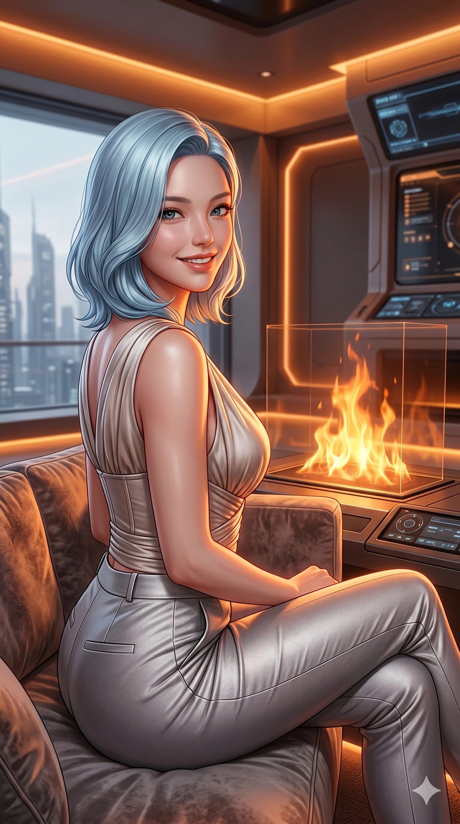 score_9, masterpiece, best quality, ultra-detailed, high-budget anime keyframe, semi-realistic 3D game render, Korean woman. Upper body close-up from the thighs up, character filling the screen for maximum presence. Inside a virtual reality luxury penthouse, next to a holographic fireplace, sitting on a modern sofa, looking back with a warm, welcoming smile. She is wearing a luxurious silk-like wrap top, structured bodice, and silver trousers. The scene is bathed in the warm orange glow of the holographic fire and soft amber lights. 2k, ultra detail, master piece, 9:16 ratio