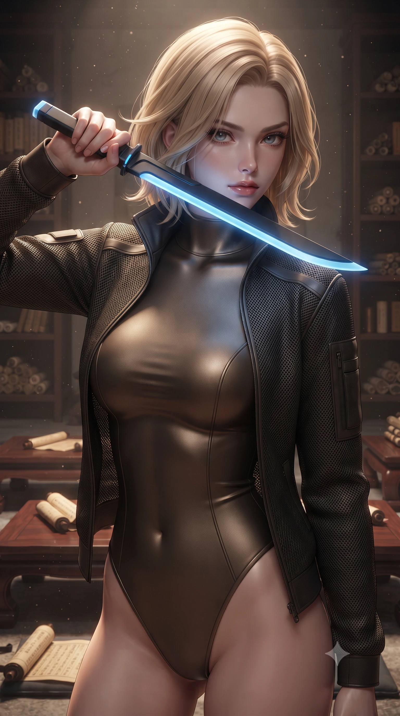 score_9, masterpiece, best quality, ultra-detailed, high-budget anime keyframe, editorial fashion photography, tasteful artistic composition, Caucasian woman. close-up cowboy shot from the waist and thighs up, the character dominates the composition, filling the frame with her large presence, background elements kept in soft focus. pressing the flat side of a glowing vibro-blade against her cheek, locking eyes with the viewer with bedroom-eyes, the background shows a soft-focus a rock garden library room with bookshelves, scrolls, and low tables. She has an exceptionally elegant, slender, and willowy female figure with an ultra-slim waist, a gracefully sculpted slender torso, and a refined silhouette. sharp v-shaped jawline, high-bridge nose, intricate jewel-like eyes with depth, thick eyelashes, glossy lips with a natural sheen. wearing a tailored form-fitting high-neck bodysuit in dark bronze, worn under a tailored open carbon-mesh tactical jacket. soft warm reading lights creating a quiet, focused, and meditative mood. ultra-reflective glossy finish, specular highlights, metallic sheen, high-contrast stereoscopic depth, volumetric dynamic lighting, 2k, ultra detail, master piece, 9:16 ratio
