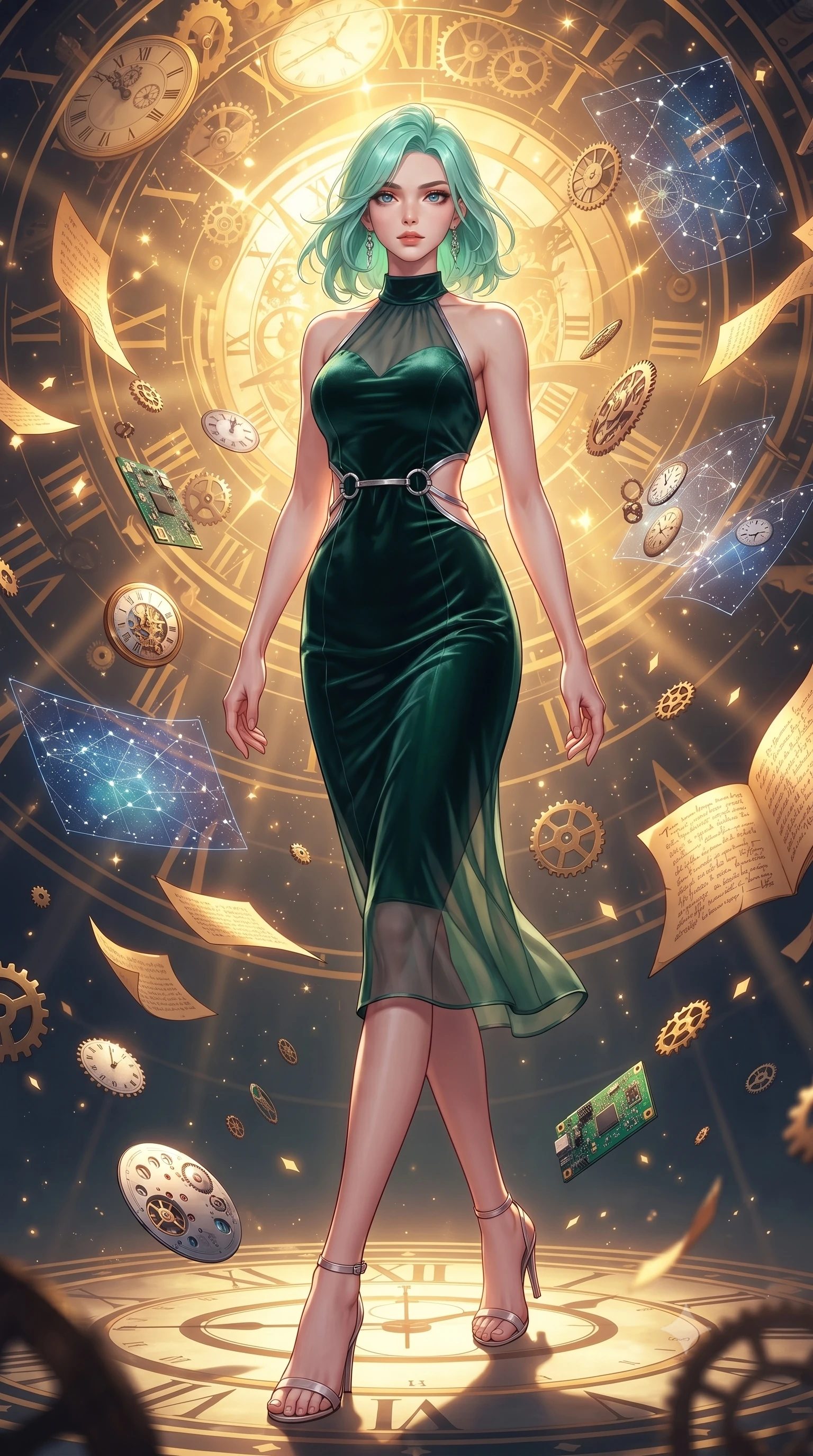 score_9, masterpiece, best quality, ultra-detailed, high-budget anime keyframe, editorial fashion photography, tasteful artistic composition, Japanese woman. low angle full-body shot from head to toe showing her feet, filling the entire 9:16 vertical frame with her statuesque presence, stretching her vertical silhouette. stepping forward with proud posture, filling the vertical frame with her magnetic presence navigating a blizzard of floating analog gear parts and glowing star maps, golden paper pages fluttering gently around her in a magical breeze. She has an absolutely perfect, statuesque 8.5-heads proportion, an exceptionally tall and slender model-like female figure with impossibly long slender legs and an ultra-slim waist. sharp v-shaped jawline, high-bridge nose, intricate jewel-like eyes with depth, thick eyelashes, glossy lips with a natural sheen. wearing a velvet halter-neck midi dress following her form like a glove in deep emerald green and silver accent, woven from fine semi-opaque sheer organza, accented with delicate chrome ring hardware framing her waist, the sleek second-skin texture accentuating her magnetic presence. illuminated by a brilliant golden hour glow filtering through clockwork dials. highly saturated vibrant anime colors, detailed shading with soft gradients, rich glossy textures, high-contrast stereoscopic depth, volumetric dynamic lighting, master piece, 9:16 ratio