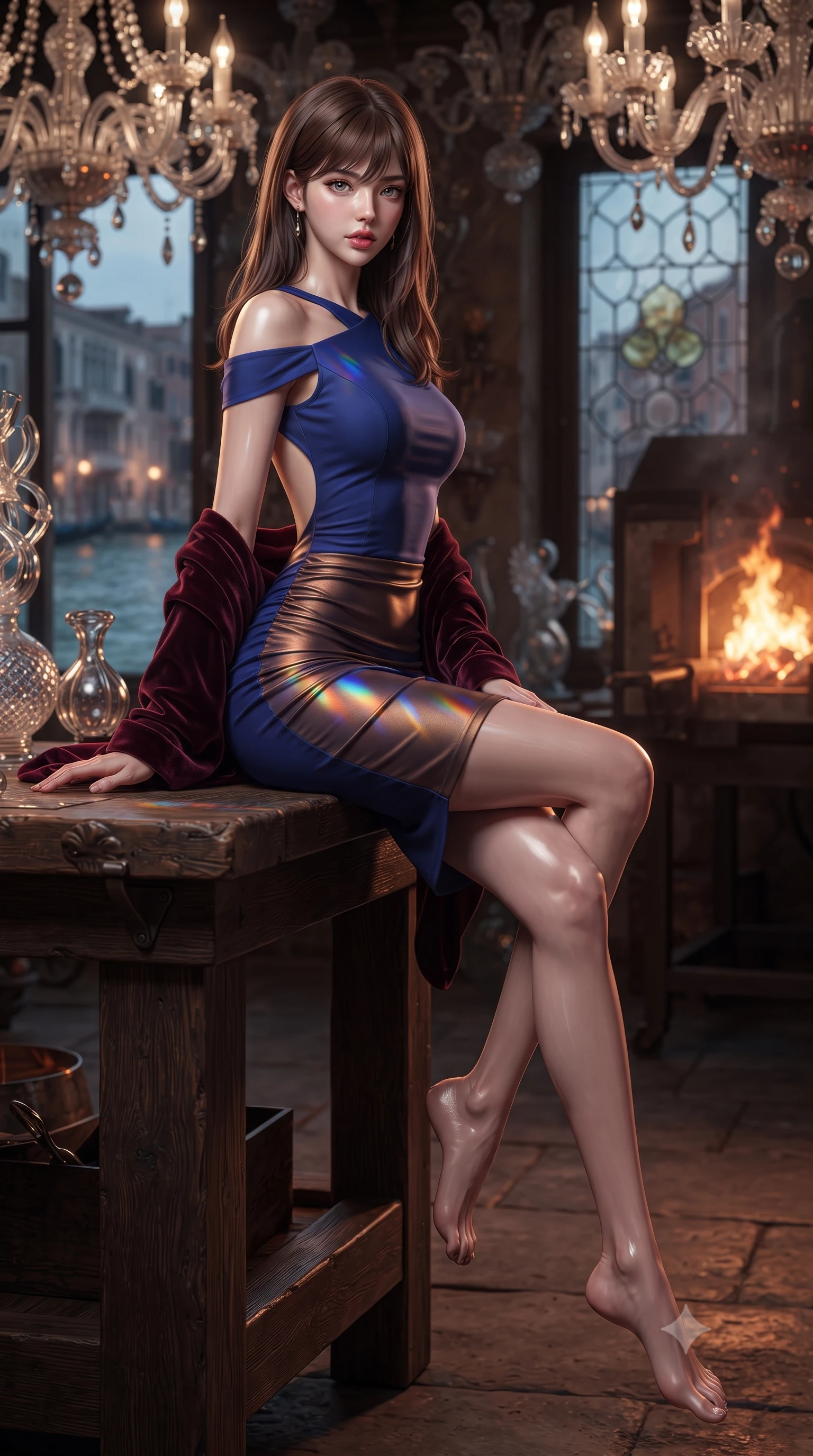 score_9, masterpiece, best quality, ultra-detailed, high-budget anime keyframe, editorial fashion photography, tasteful artistic composition, Korean woman. low angle full-body shot from head to toe showing her feet, filling the entire 9:16 vertical frame with her statuesque presence, stretching her vertical silhouette. sitting perched on the elevated edge with hips angled toward the camera and legs crossed, displaying her toned midriff and flawlessly sculpted slender limbs while leaning against a heavy oak workbench surrounded by hand-blown crystal chandeliers, arching her lower back as glowing furnace embers cast fiery light. The composition keeps background elements in soft focus with creamy bokeh. canal water ripples visible through vintage leaded glass panes softened in artisan Venetian shallow focus. She has an exceptionally tall and slender model-like 8.5-heads proportion, an ultra-slim waist, a flat toned midriff, narrow delicate ribcage, and beautifully sculpted feminine hips creating a graceful, slim hourglass silhouette without any bulky heaviness, with impossibly long slender legs. sharp v-shaped jawline, high-bridge nose, intricate jewel-like eyes with depth, thick eyelashes, glossy parted lips with a natural sheen, intensely captivating and seductive bedroom-eyes expression, flawlessly proportioned anatomical accuracy, strict slender model proportions, natural body alignment, perfectly sculpted long slender limbs, ultra-slim waistline, clean dynamic posture without body distortion. wearing a form-contouring cocktail dress with an asymmetrical open shoulder and hip-defining ruching in royal sapphire blue and liquid bronze, tailored from water-resistant treated wool gabardine and flexible stretch silk, complemented by a plush velvet shawl draped loosely over her elbows, the dramatically scooped open back descending to the base of her spine, accentuating her razor-sharp statuesque lines and slim hourglass silhouette. illuminated by dazzling rainbow crystal caustics sculpting her razor-sharp jawline, narrow waist, and curvy hips. ultra-reflective glossy finish, specular highlights, rich textural contrasts, high-contrast stereoscopic depth, volumetric dynamic lighting, 2k, ultra detail, master piece, 9:16 ratio