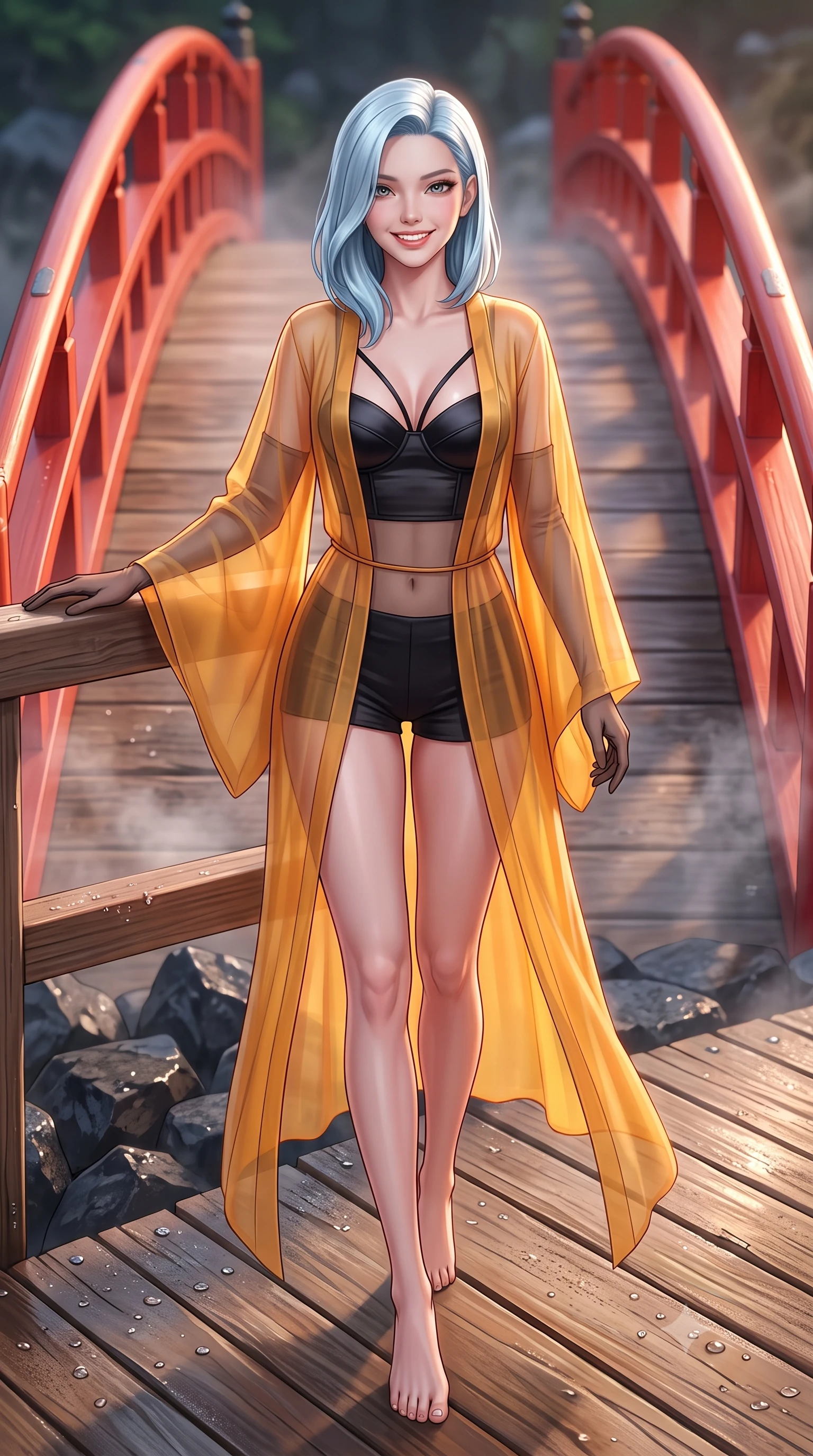 score_9, masterpiece, best quality, ultra-detailed, high-budget anime keyframe, semi-realistic 3D game render, editorial fashion photography, tasteful artistic composition, Korean woman. low angle full-body shot from head to toe showing her feet, filling the entire 9:16 vertical frame with her statuesque presence, stretching her vertical silhouette. stepping slowly toward the camera with hypnotic grace, hips swaying in an alluring sensual rhythm that accentuates her curvy hourglass silhouette and long slender legs while leaning against the smooth unlacquered cedar balustrade of the red arched bridge with hips cocked back, casting an intoxicating smoldering bedroom-gaze. The surrounding environment is rendered in vivid detail and crisp panoramic clarity: sharp wet volcanic basalt boulders, weathered cedar plank grain, and water droplet condensation beads in deep focus. She has an exceptionally tall and slender model-like 8.5-heads proportion, an ultra-slim waist, a flat toned midriff, narrow delicate ribcage, and beautifully sculpted feminine hips creating a graceful, slim hourglass silhouette without any bulky heaviness, with impossibly long slender legs. sharp v-shaped jawline, high-bridge nose, intricate jewel-like sparkling eyes with depth, thick eyelashes, glossy parted lips with a natural peach sheen, bright cheerful beaming smile with an enchanting and coquettish sensual glint, exuding both youthful cute charm and seductive allure, flawlessly proportioned anatomical accuracy, strict slender model proportions, natural body alignment, perfectly sculpted long slender limbs, ultra-slim waistline, clean dynamic posture without body distortion. wearing a translucent gossamer silk robe with wide kimono sleeves worn open over a strappy satin demi-bustier and micro-shorts in Hakone steaming sulfur amber and volcanic basalt black, woven from fine semi-opaque stretch illusion mesh tracing her slender contours, complemented by sheer opera-length evening gloves tracing her slender arms, the second-skin tailored fabric adhering flawlessly to her sculpted flat midriff and slender torso, emphasizing her long leg lines and perfectly proportioned willowy build. illuminated by thermal river caustics bounce and sharp pearlescent-rose rim lights sculpting her jawline, flat midriff, and curvaceous hips. highly saturated vibrant anime colors, detailed shading with soft gradients, rich glossy textures, high-contrast stereoscopic depth, volumetric dynamic lighting, master piece, 9:16 ratio