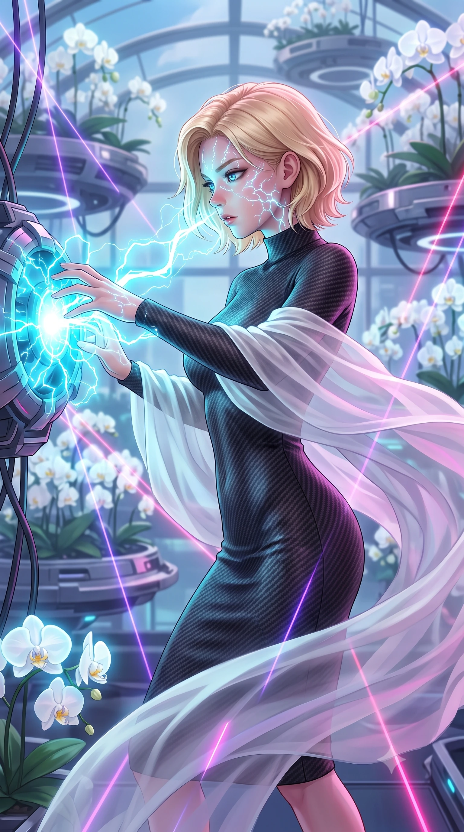 score_9, masterpiece, best quality, ultra-detailed, high-budget anime keyframe, editorial fashion photography, tasteful artistic composition, Caucasian woman, strictly human ears. close-up cowboy shot from the waist and thighs up, the character dominates the composition, filling the frame with her large presence, background elements kept in soft focus. Overloading the reactor core, her face illuminated by the bright cyan electrical energy arcing around her. set against a soft-focus background of a massive climate-controlled greenhouse featuring floating platforms and genetically engineered glowing white orchids. She has an exceptionally elegant and slender, willowy female figure with an ultra-slim waist, a gracefully sculpted slender torso, and a refined slim physique. sharp v-shaped jawline, high-bridge nose, intricate jewel-like eyes with depth, thick eyelashes, glossy lips with a natural sheen. wearing the lightweight fabric rippling and billowing dramatically with her movement, a tailored sleek mock-neck bodycon midi dress in carbon-fiber print knit, contouring her slender torso and willowy silhouette. highly saturated vibrant anime colors, intense vivid color palette, soft 3D volumetric shading, volumetric dynamic lighting, laser lines of violet and hot pink reflecting off surfaces casting geometric neon highlights. 2k, ultra detail, master piece, 9:16 ratio