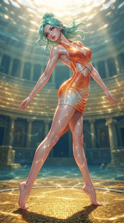 score_9, masterpiece, best quality, ultra-detailed, high-budget anime keyframe, editorial fashion photography, tasteful artistic composition, Japanese woman. low angle full-body shot from head to toe showing her feet, filling the entire 9:16 vertical