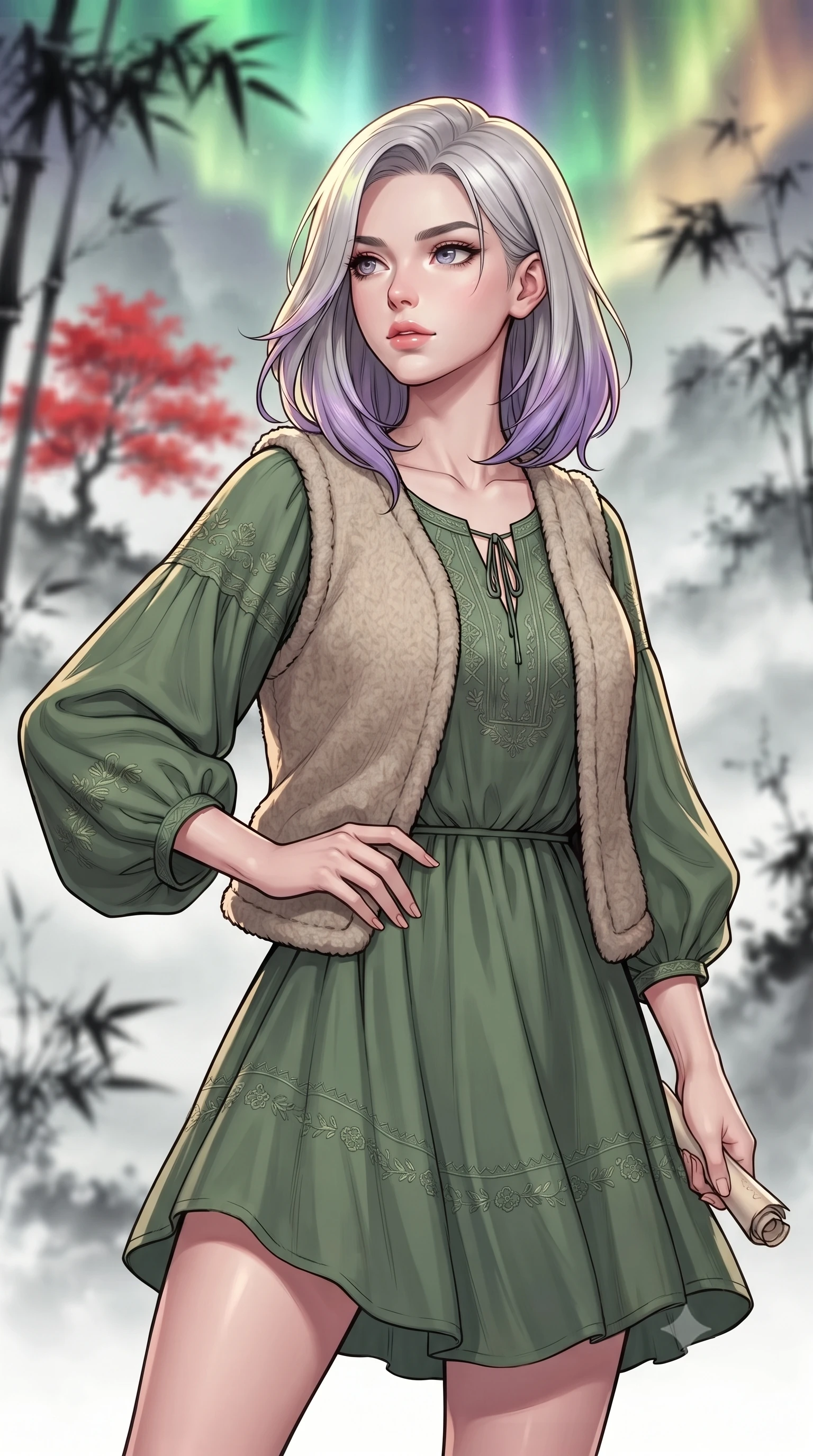 score_9, masterpiece, best quality, ultra-detailed, high-budget anime keyframe, gorgeous anime illustration, with clean line-art, distinct ink outlines, and high-contrast stereoscopic depth, Caucasian woman, strictly human ears. close-up cowboy shot from the waist and thighs up, the character dominates the composition, filling the frame with her large presence, background elements kept in soft focus. Gazing past the camera with an air of effortless superiority. set against a soft-focus background of standing in a valley that looks like a traditional ink-wash painting, with black bamboo silhouettes, white mist hovering in the air, and a single red maple tree providing a splash of color. She has an exceptionally elegant and slender, willowy female figure with an ultra-slim waist, a gracefully sculpted slender torso, and a refined slim physique. sharp v-shaped jawline, high-bridge nose, intricate jewel-like eyes with depth, thick eyelashes, glossy lips with a natural sheen. wearing a bohemian peasant-style cotton dress in sage green, layered with a cozy oatmeal wool-blend vest. illuminated by a shifting aurora palette of green violet and gold from above. 2k, ultra detail, master piece, 9:16 ratio, highly saturated vibrant anime colors, detailed cel-shading with soft gradients, rich glossy textures, deep contrast, volumetric dynamic lighting, 2d animation style